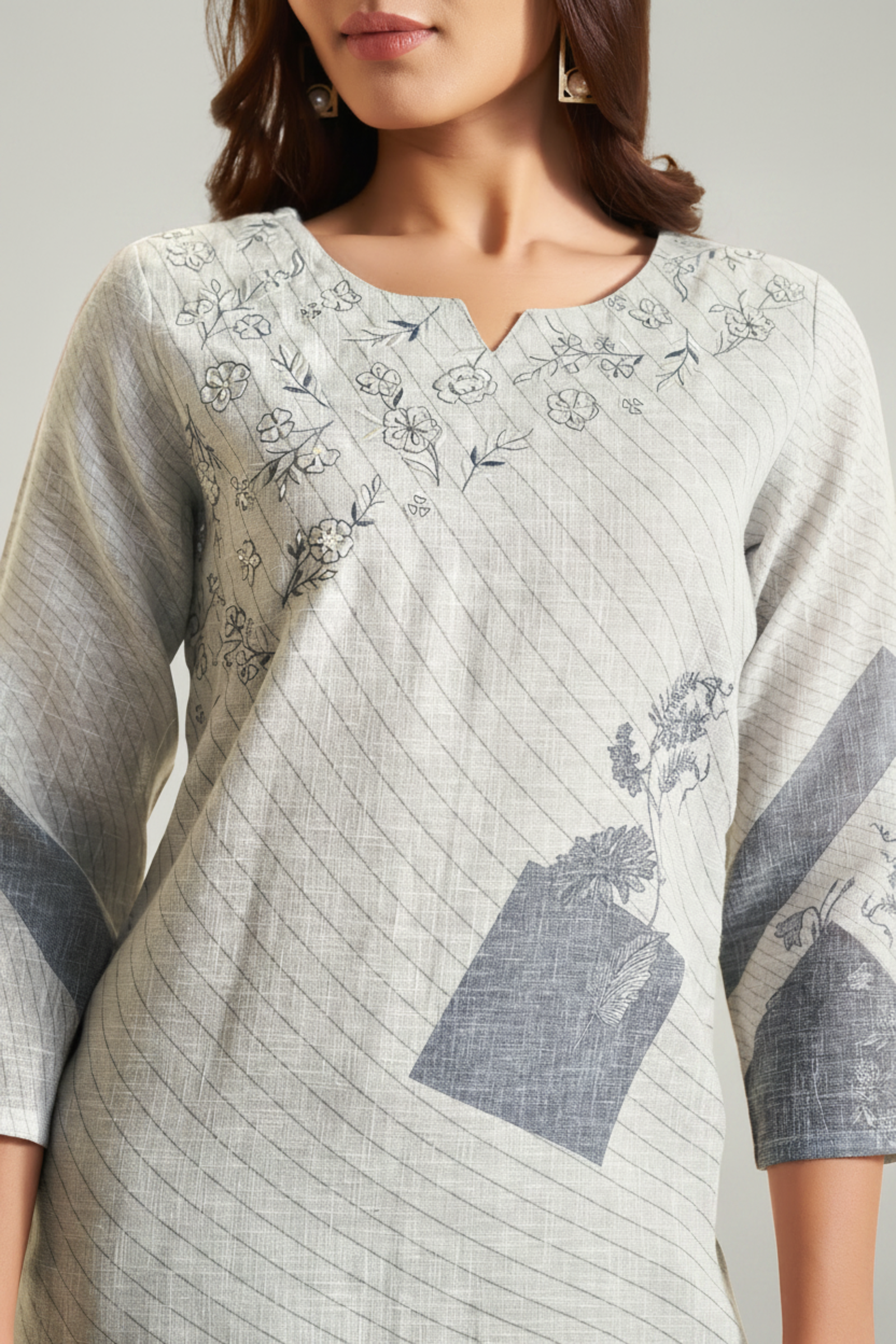 Silver Ash Linen Cotton Digital Printed Kurta Set