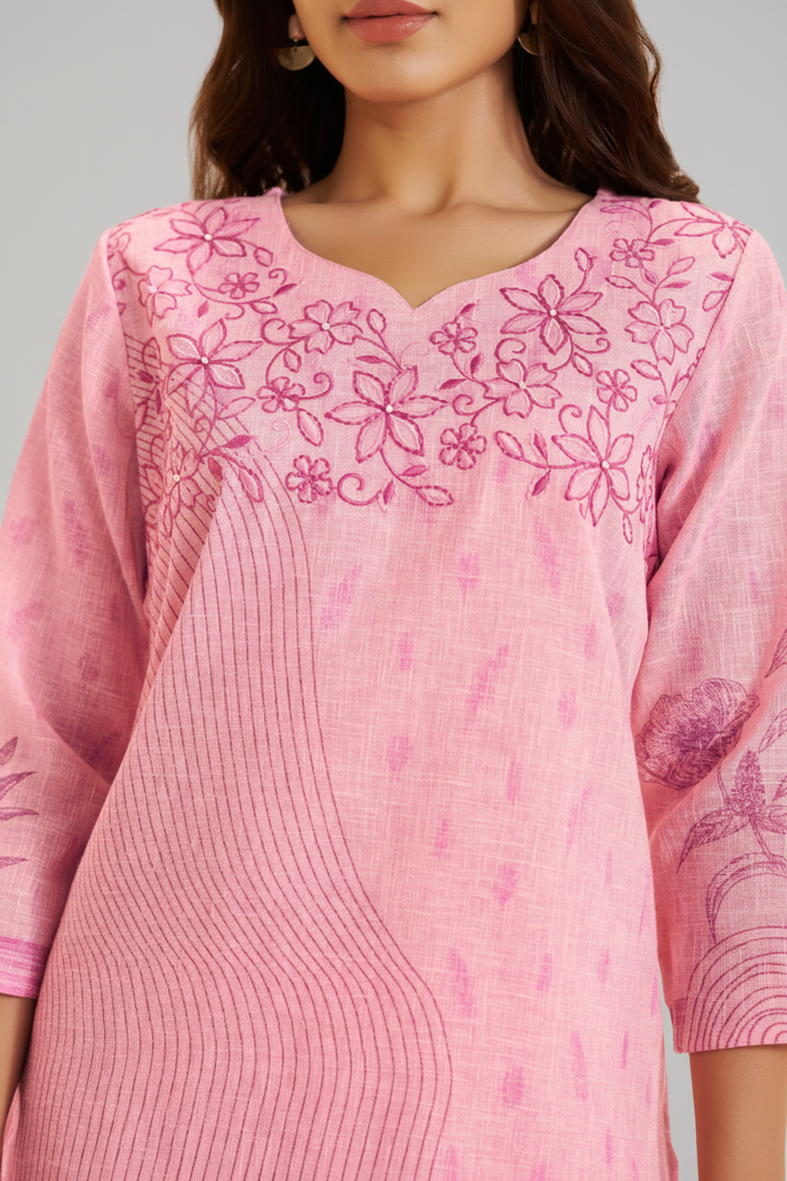 Soft Fuchsia Linen Cotton Digital Printed Kurta Set