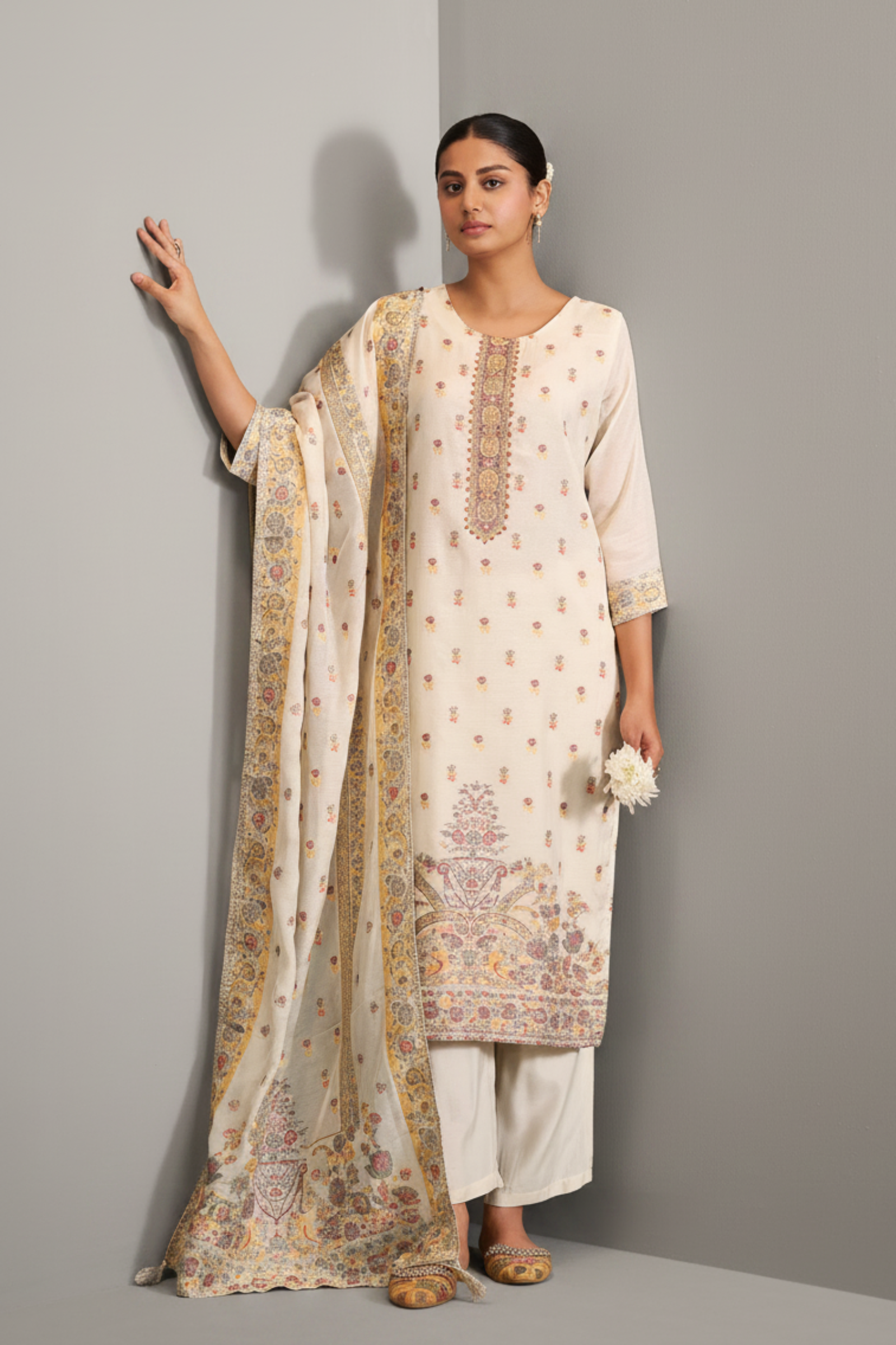 Cream Gold Chanderi Multi-Meena Jacquard Kurta Set