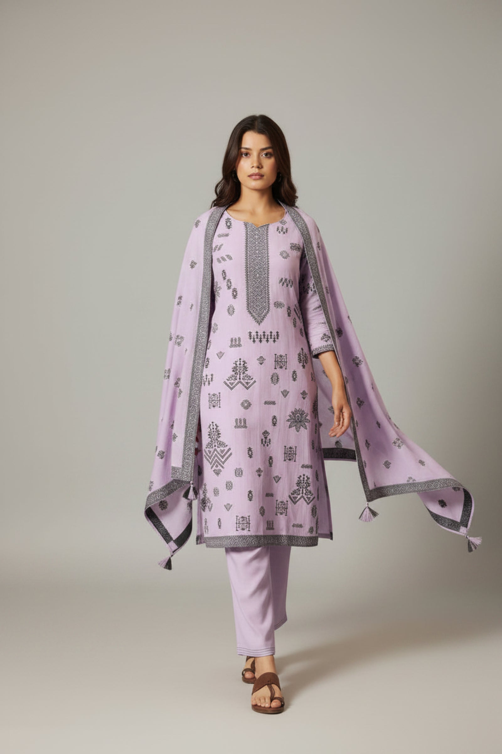 Lilac Whisper Viscose Linen Jacquard Kurta Set