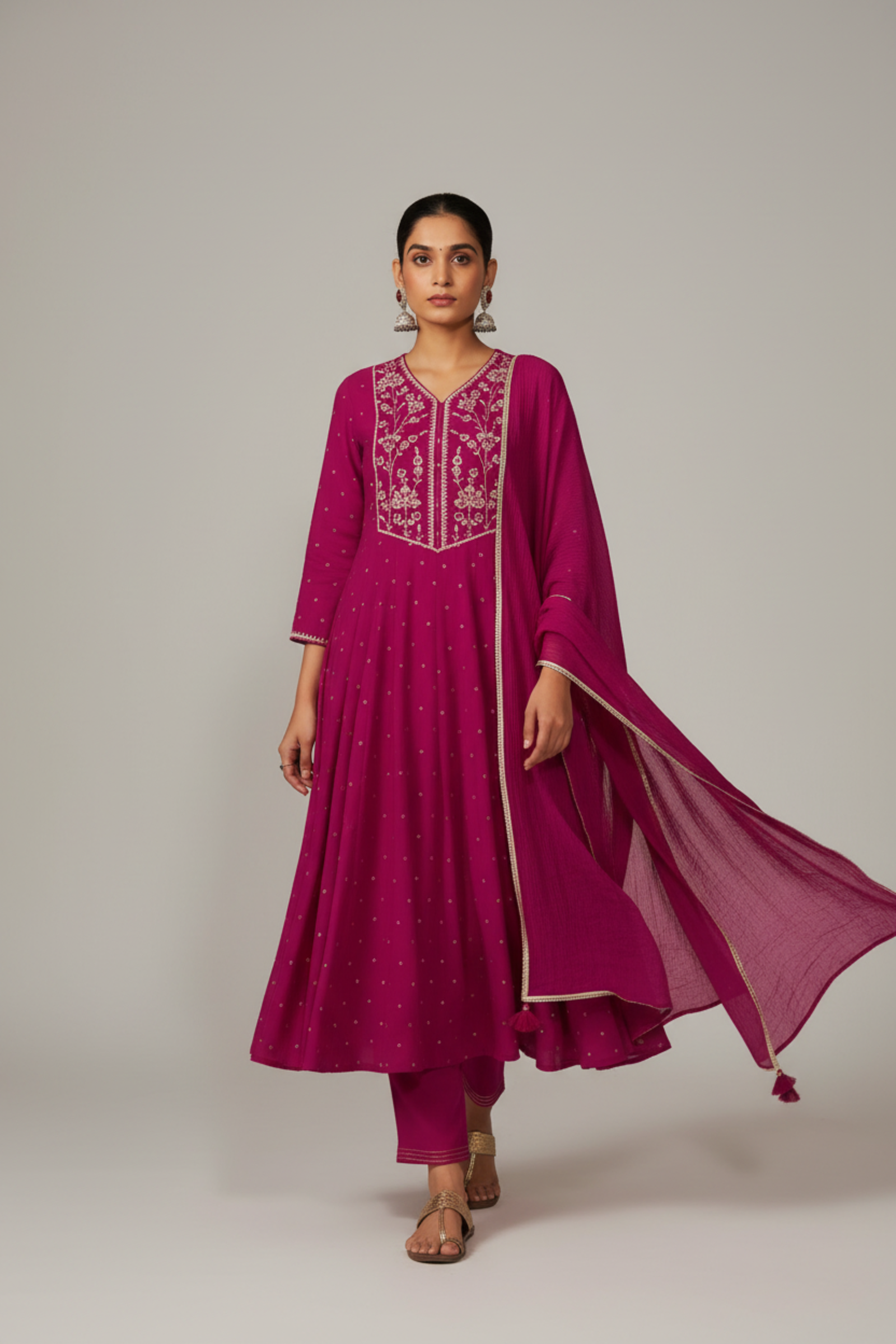 Bold Magenta Mul Chanderi Table Print Anarkali Kurta Set