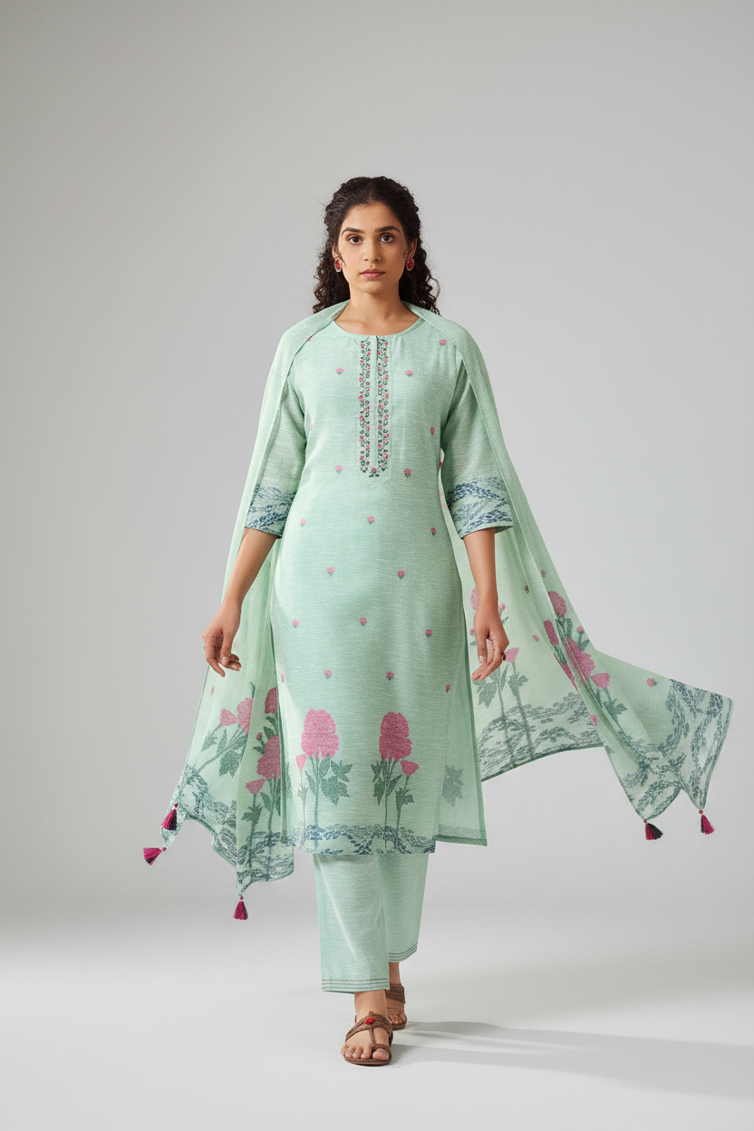 Mint Peony Linen Chanderi Jacquard Kurta Set