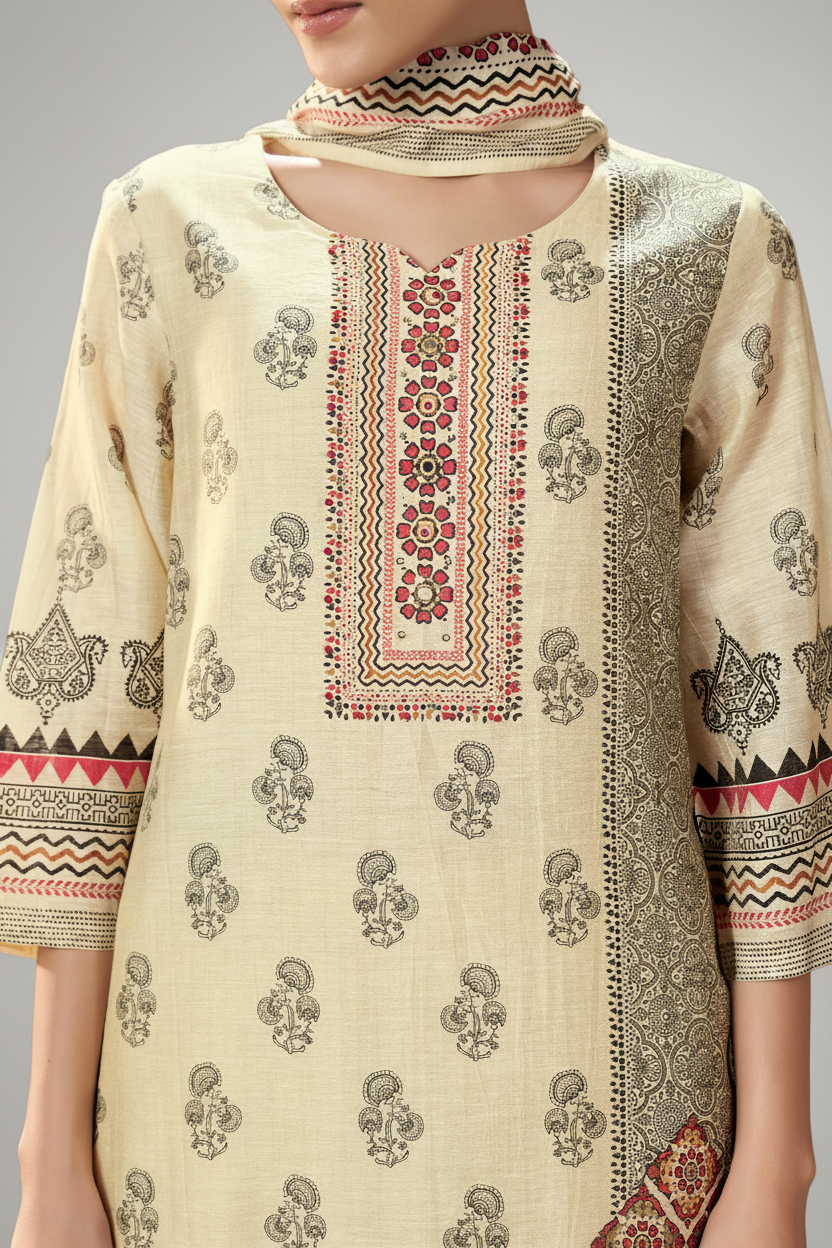 Ivory Caravan Shimmer Linen Digital Printed Kurta Set