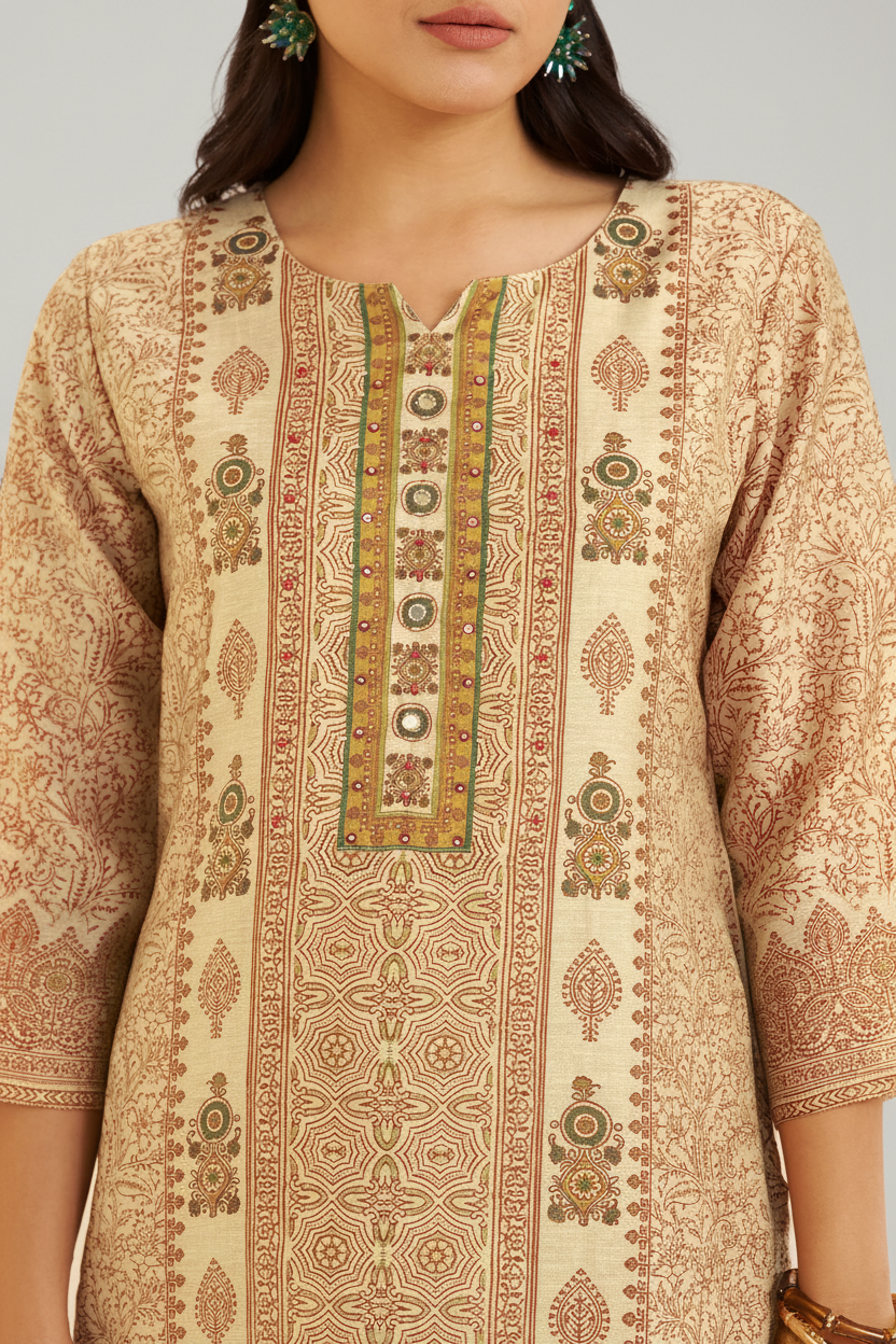 Champagne Beige Shimmer linen Digital printed Kurta Set