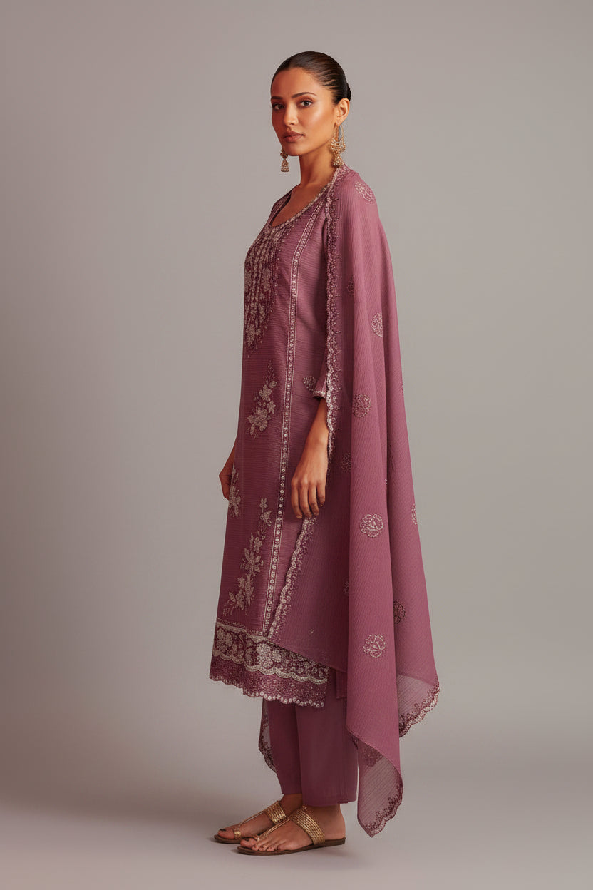 Mauve Handworked Silk Festive Kurta Set