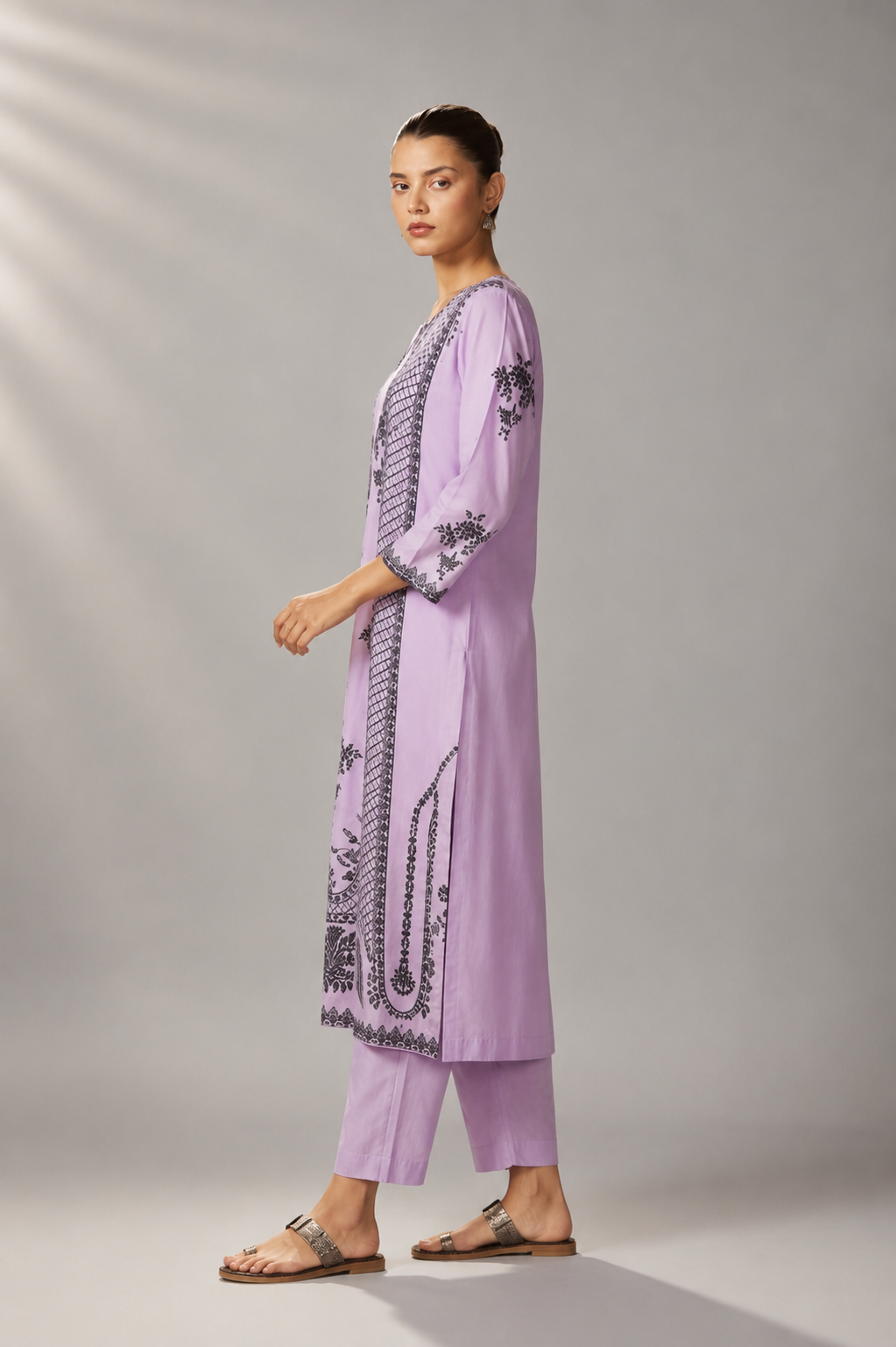Wisteria Lavender Muslin Black Jacquard Kurta Set