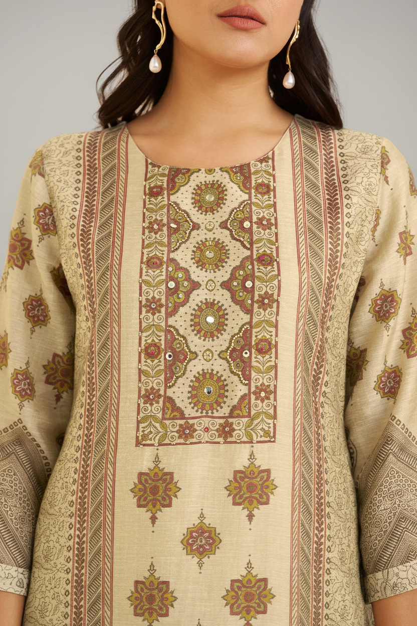 Mughal Parchment Shimmer linen Digital printed Kurta Set