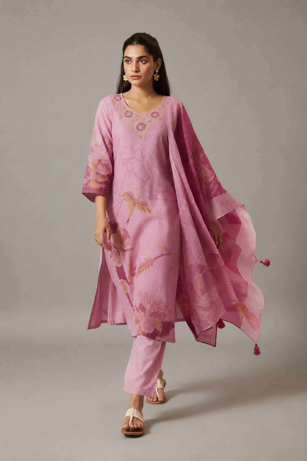 Peony Pink Cotton Linen Digital Print Kurta Set