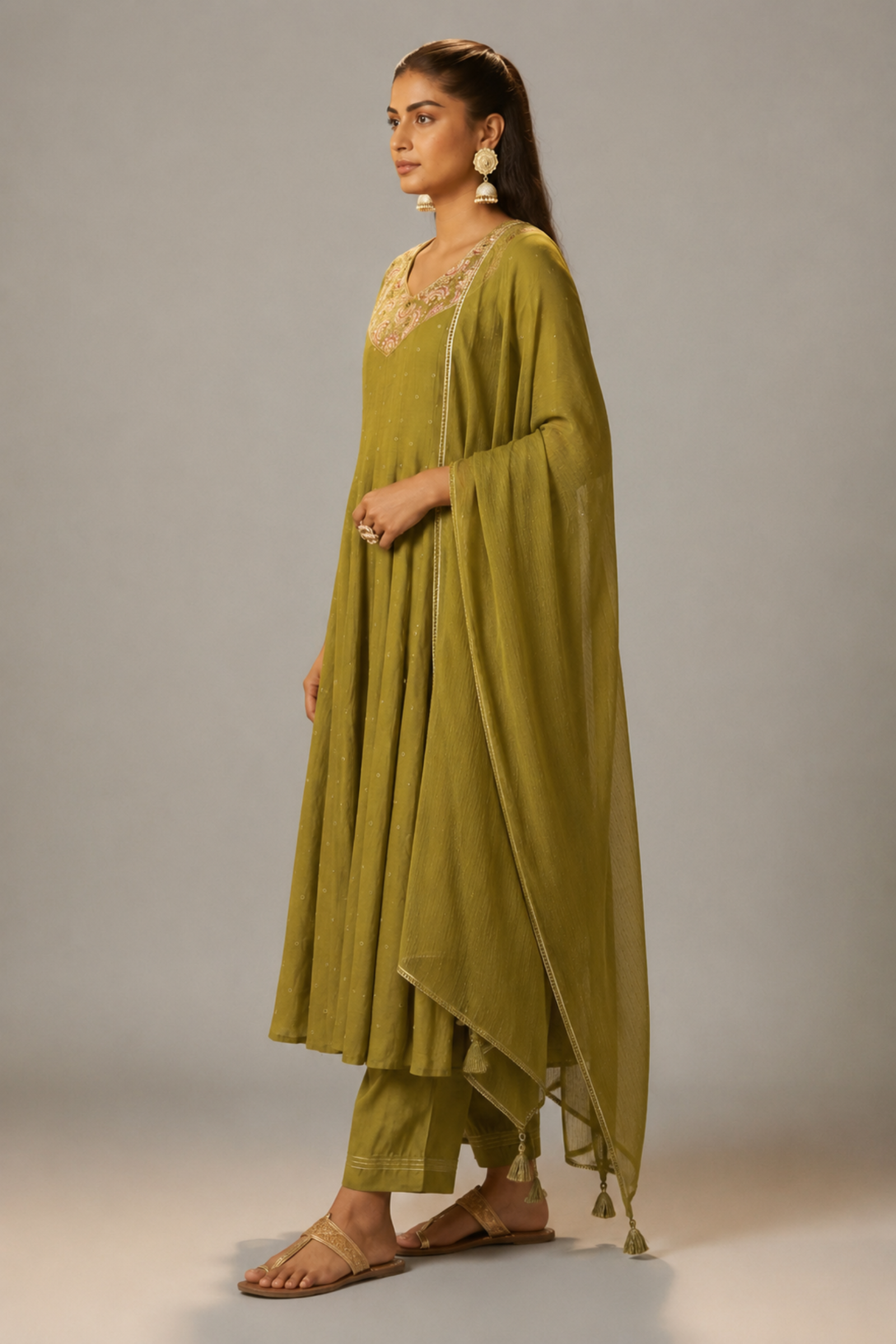 Moss Green Mul Chanderi Embroidery Anarkali Kurta Set