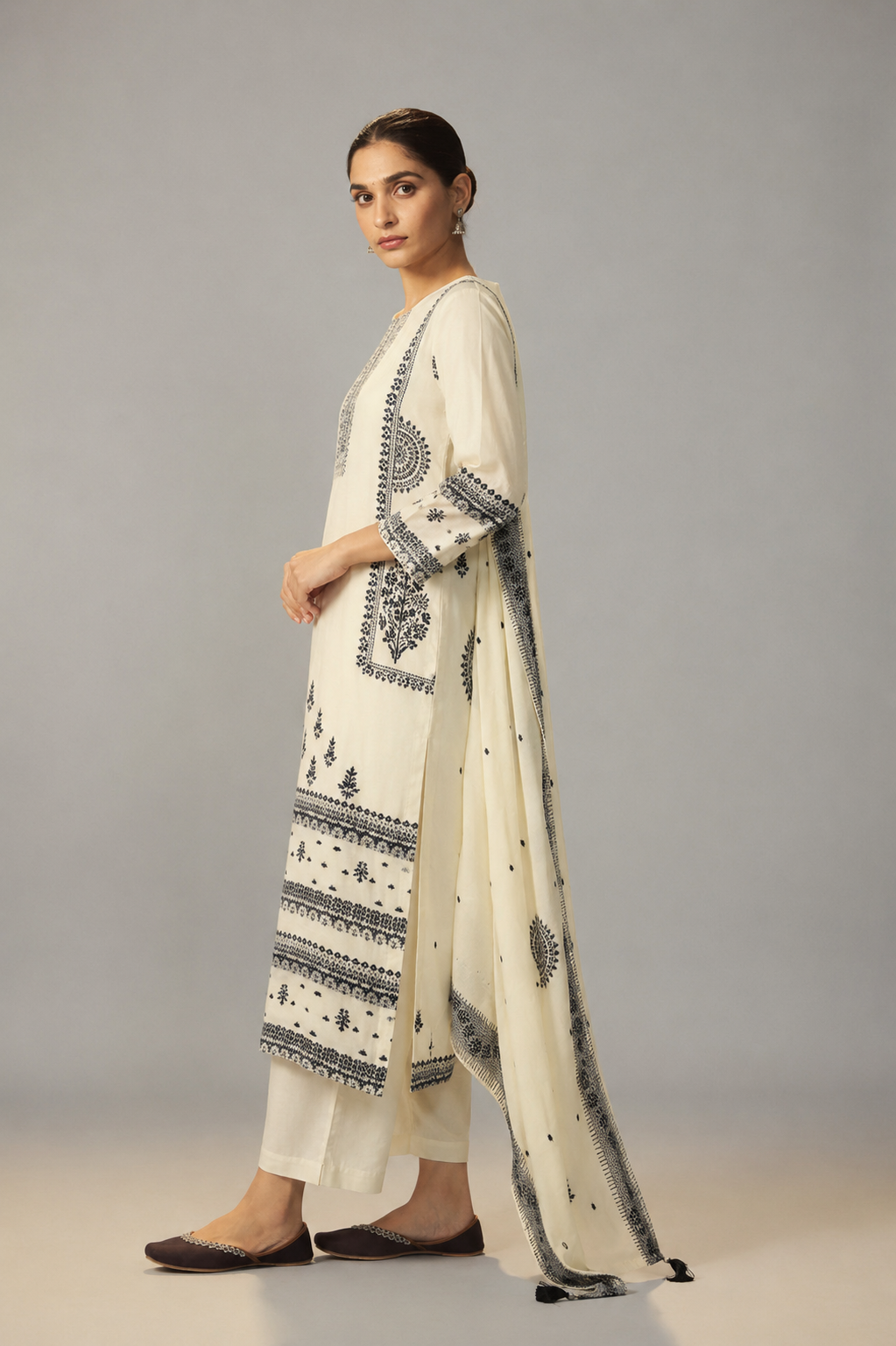Butter Cream Muslin Black Jacquard Kurta Set