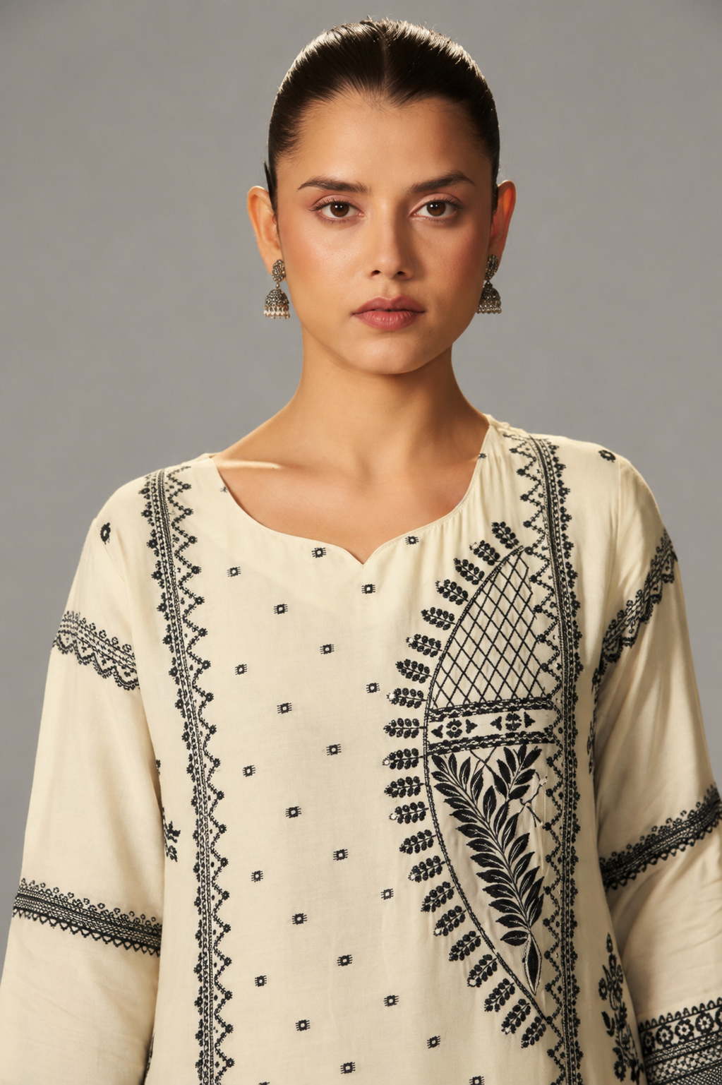 Ivory Cream Muslin Black Jacquard Kurta Set