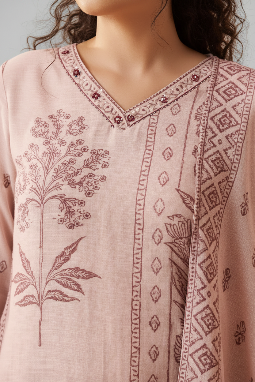 Rose Mist Linen Jacquard Kurta set