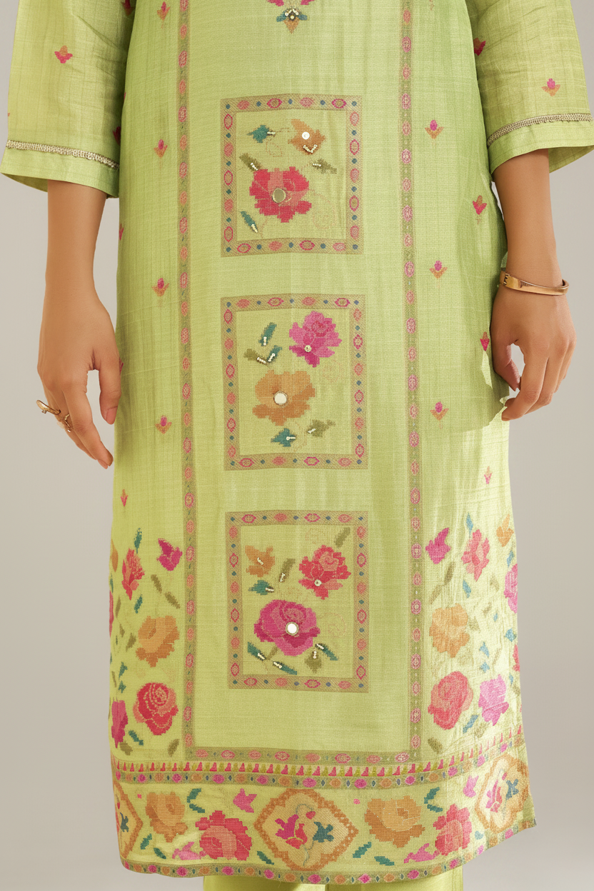 Pistachio Bloom Printed Viscose Jacquard Kurta Set