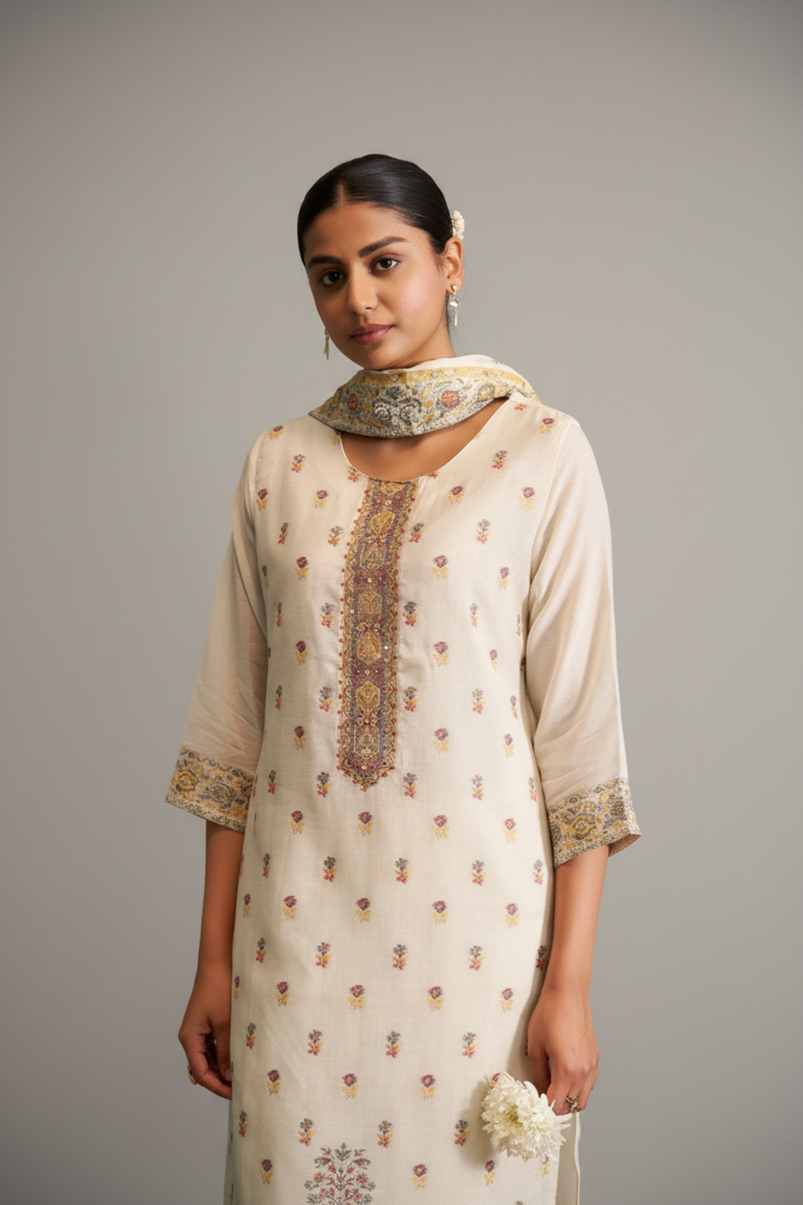 Cream Gold Chanderi Multi-Meena Jacquard Kurta Set
