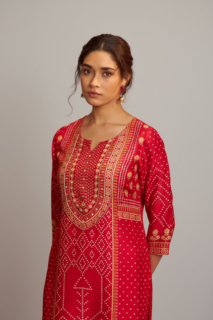 Bandhani Digital Print Kurta Set – Red