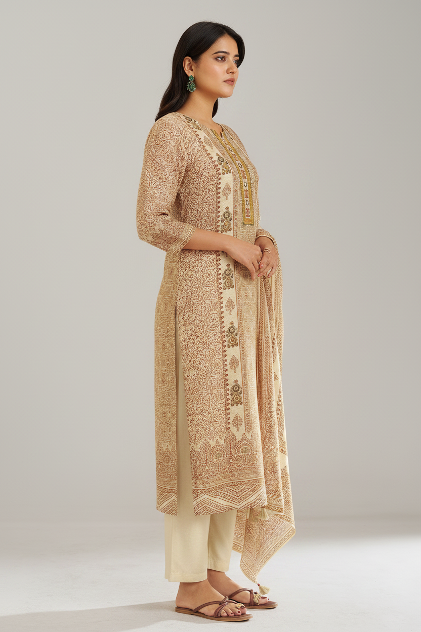 Champagne Beige Shimmer linen Digital printed Kurta Set