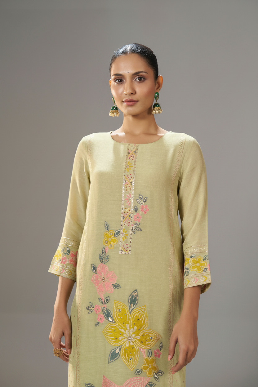 Sage Floral Reverie Viscose Linen Jacquard Multi Meena Kurta Set
