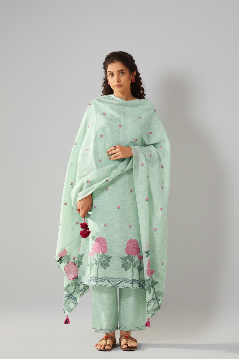 Mint Peony Linen Chanderi Jacquard Kurta Set