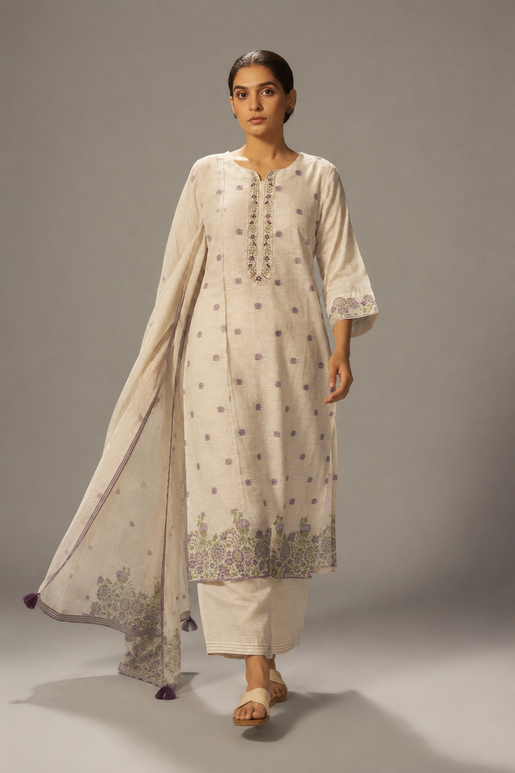 Warm Beige Linen Chanderi Jacquard Kurta Set