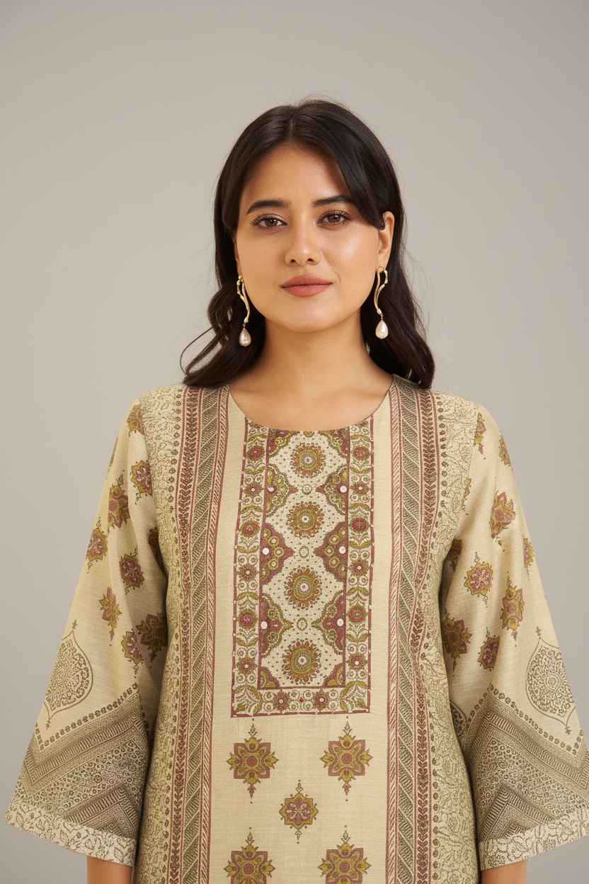 Mughal Parchment Shimmer linen Digital printed Kurta Set