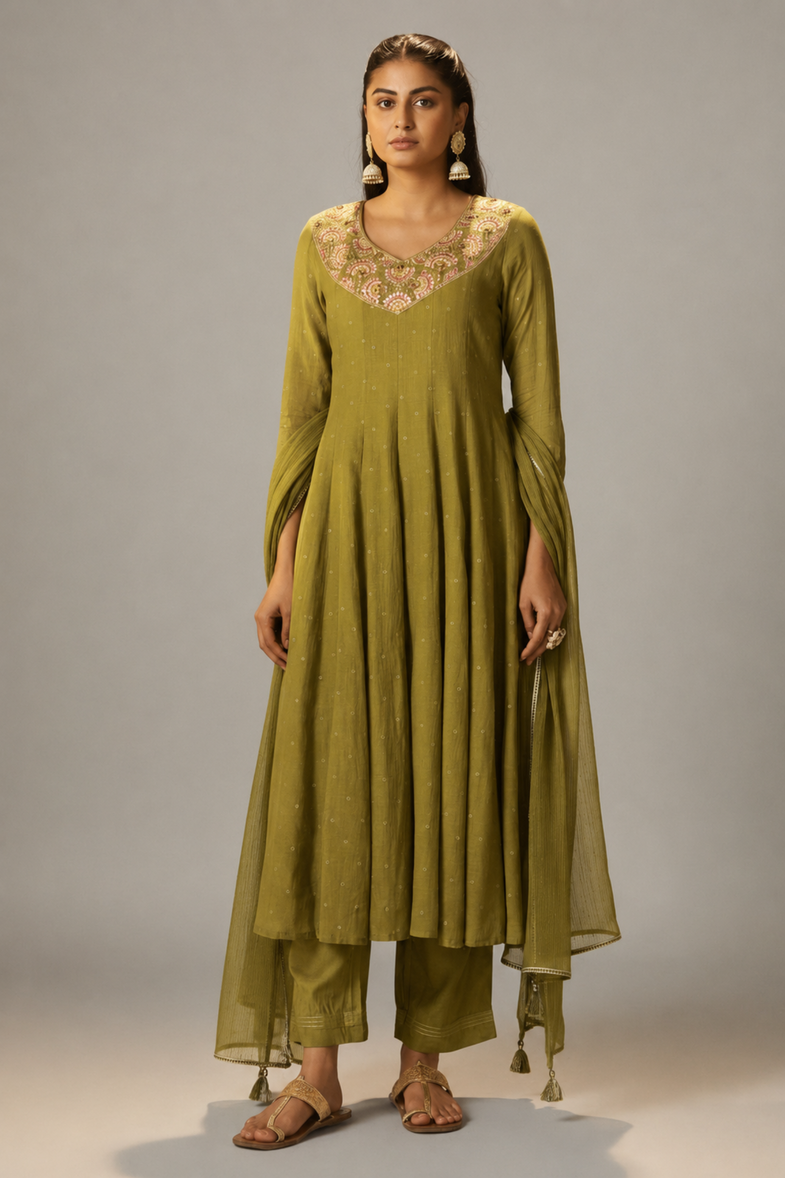 Moss Green Mul Chanderi Embroidery Anarkali Kurta Set