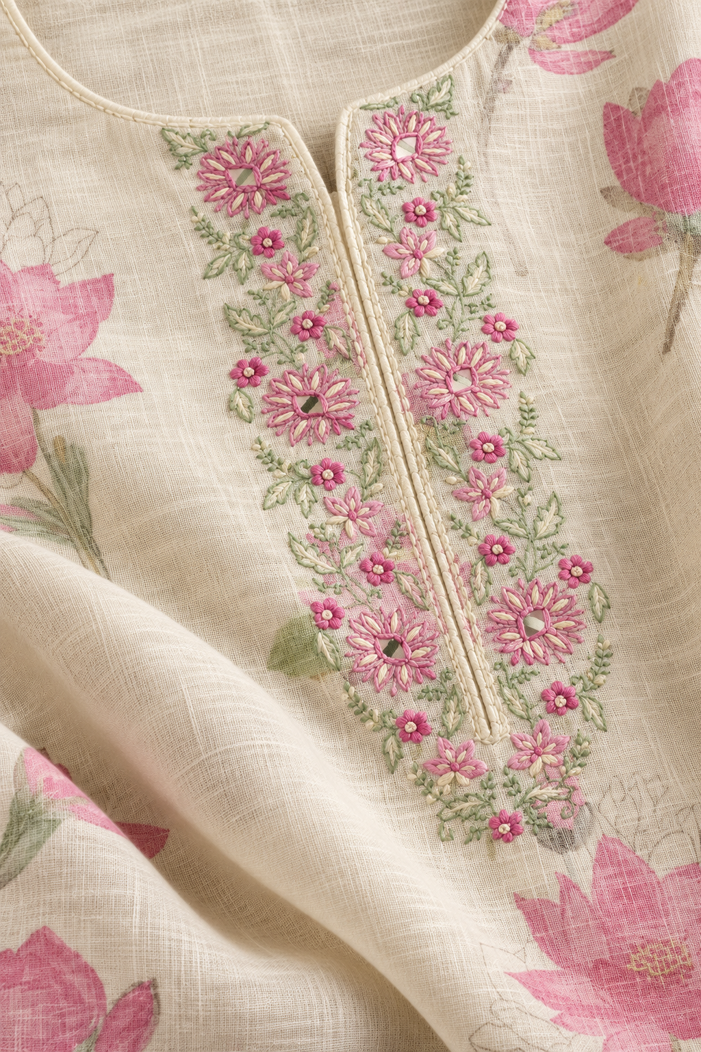 Digital Printed & Embroidered Floral Cotton Linen Kurta Set