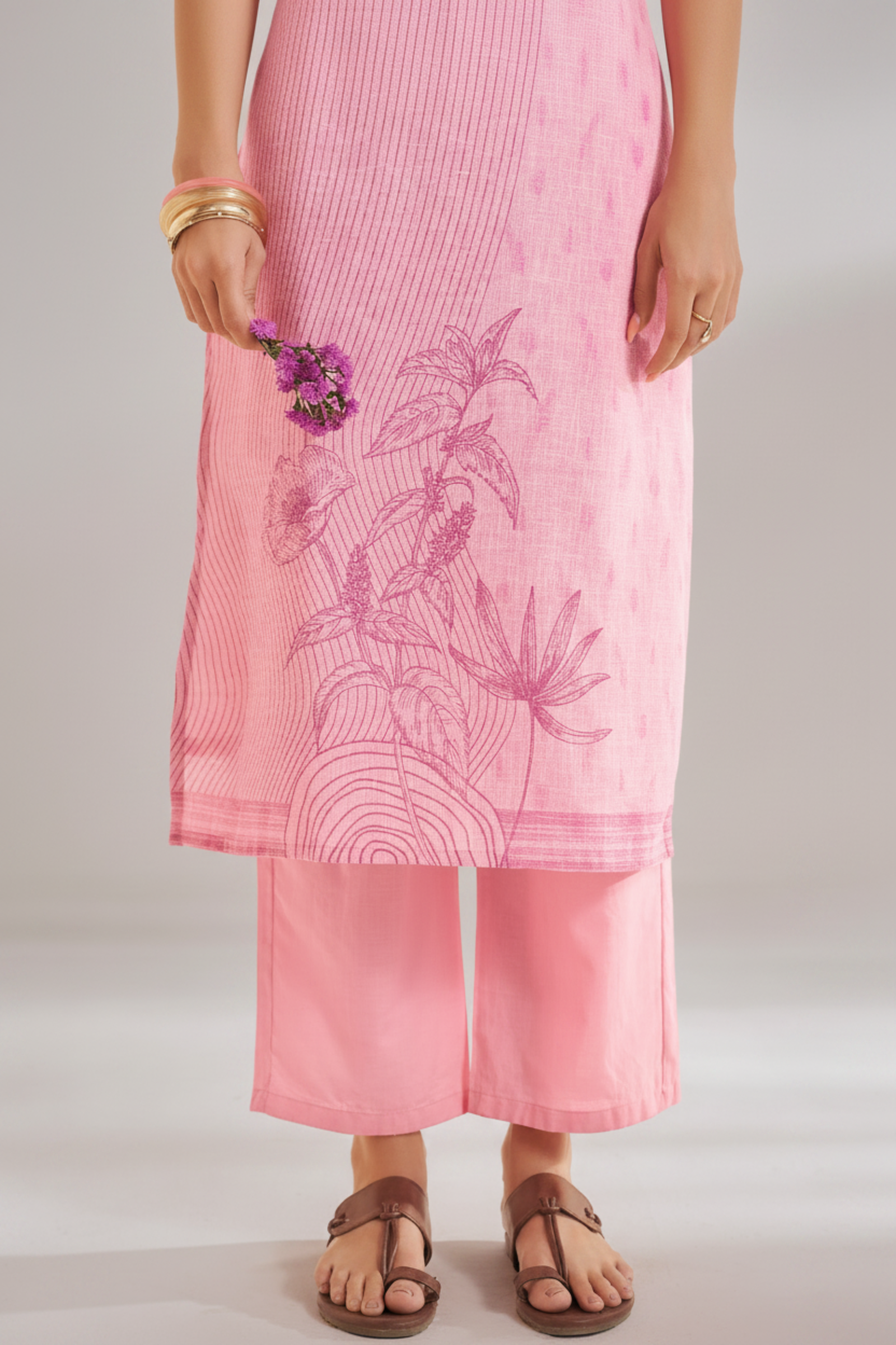 Soft Fuchsia Linen Cotton Digital Printed Kurta Set