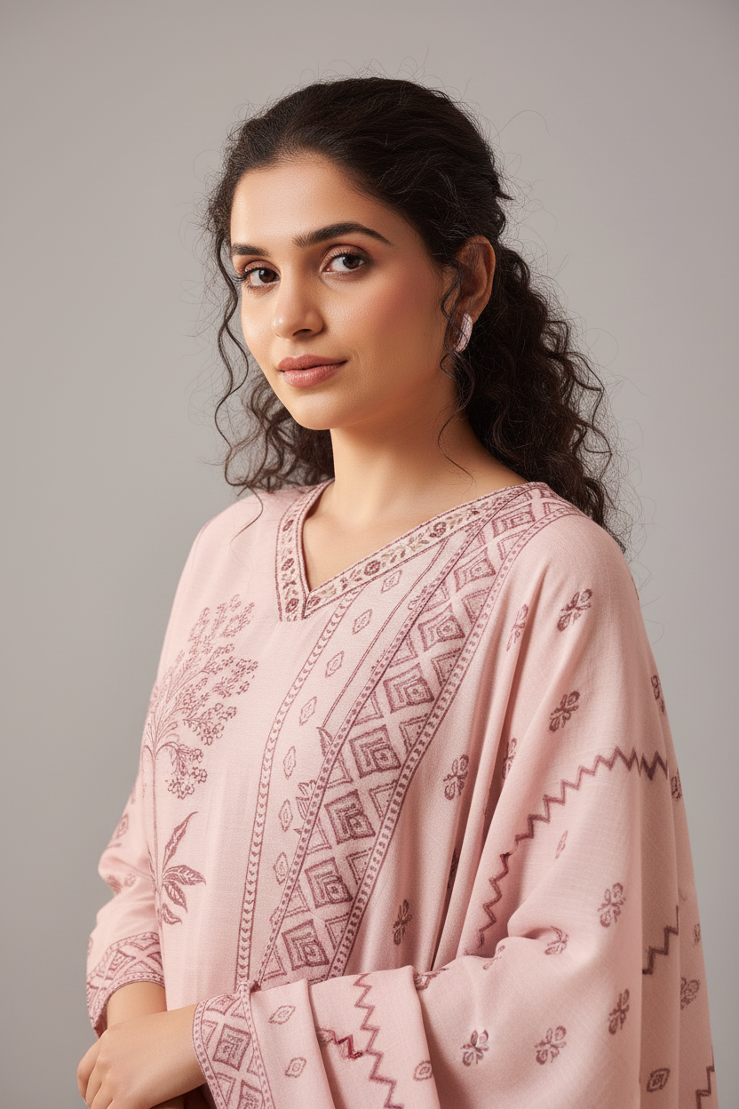 Rose Mist Linen Jacquard Kurta set