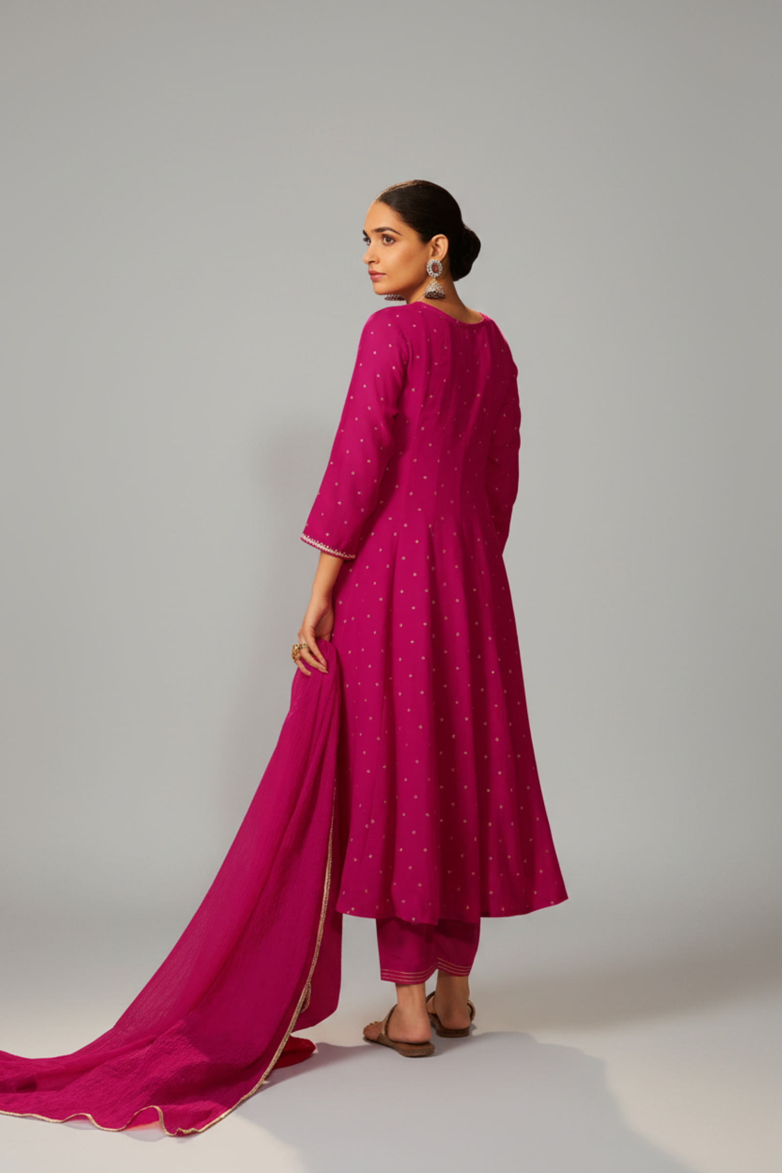 Bold Magenta Mul Chanderi Table Print Anarkali Kurta Set