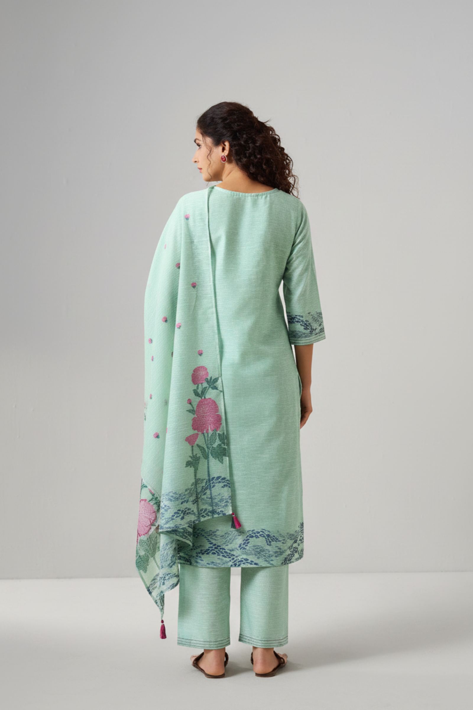 Mint Peony Linen Chanderi Jacquard Kurta Set