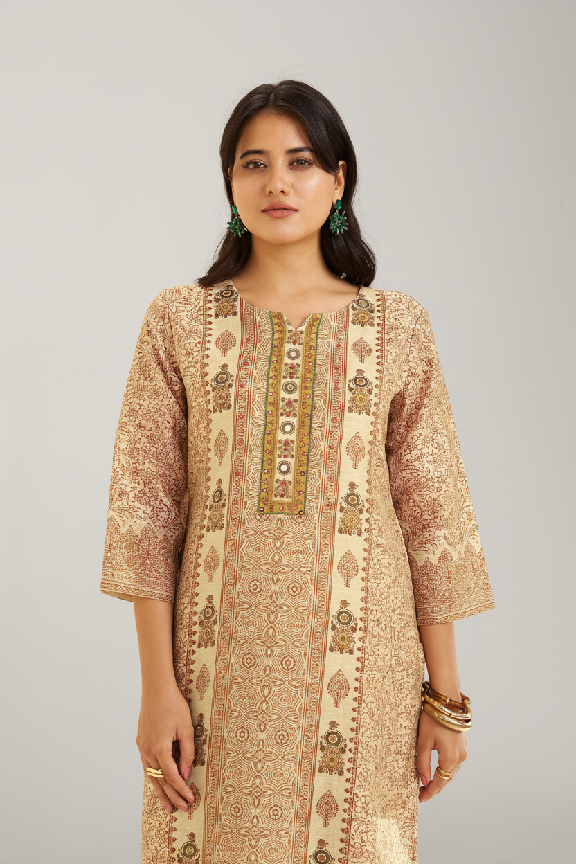 Champagne Beige Shimmer linen Digital printed Kurta Set