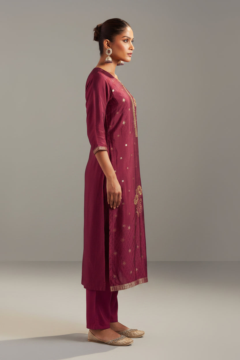 Maroon Handworked Silk Festive Kurta Set