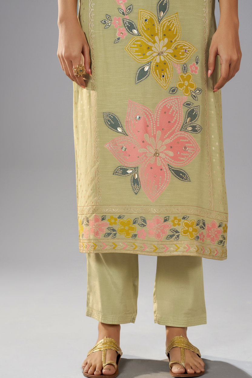 Sage Floral Reverie Viscose Linen Jacquard Multi Meena Kurta Set