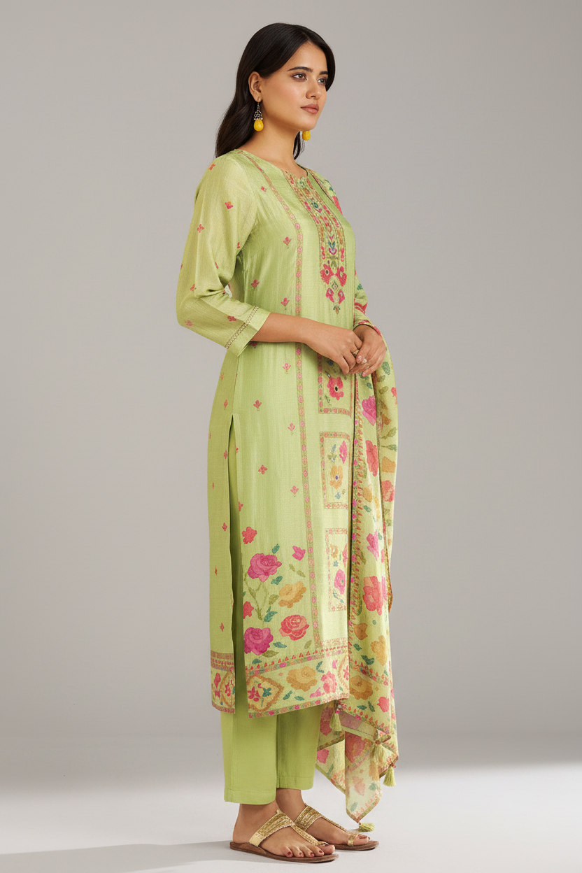 Pistachio Bloom Printed Viscose Jacquard Kurta Set