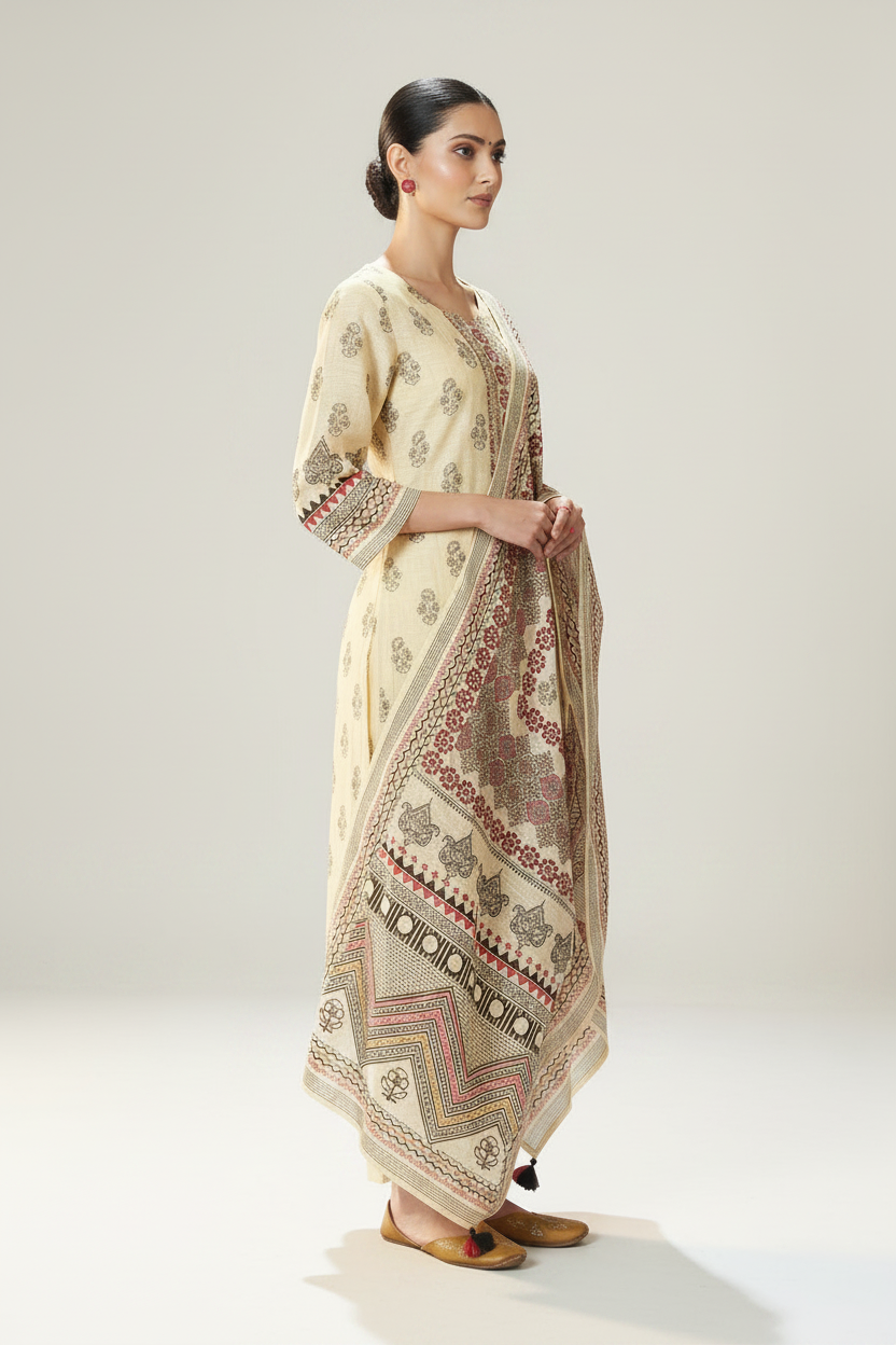 Ivory Caravan Shimmer Linen Digital Printed Kurta Set