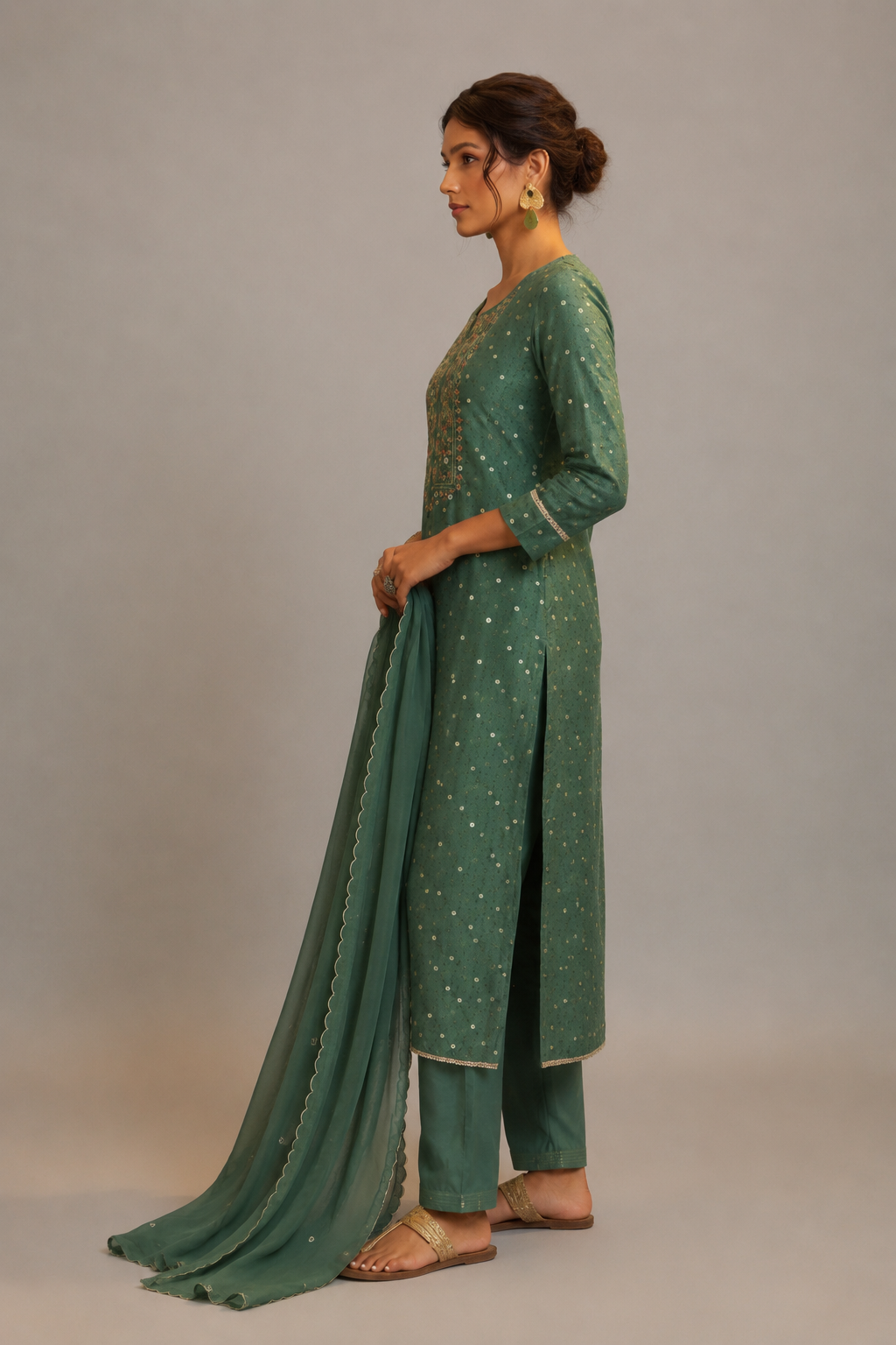 Mirror Embroidery Kurta Set – Green