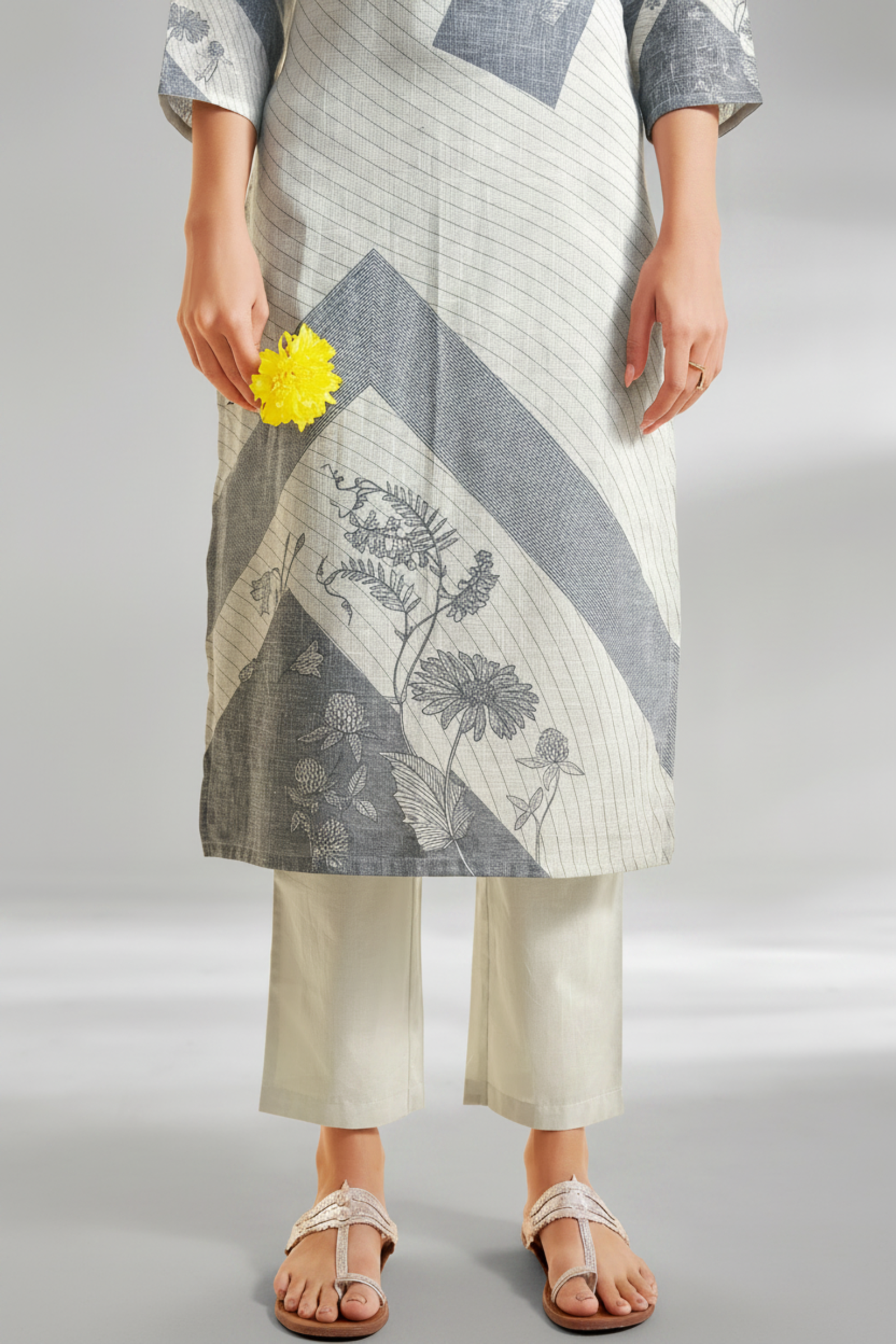 Silver Ash Linen Cotton Digital Printed Kurta Set