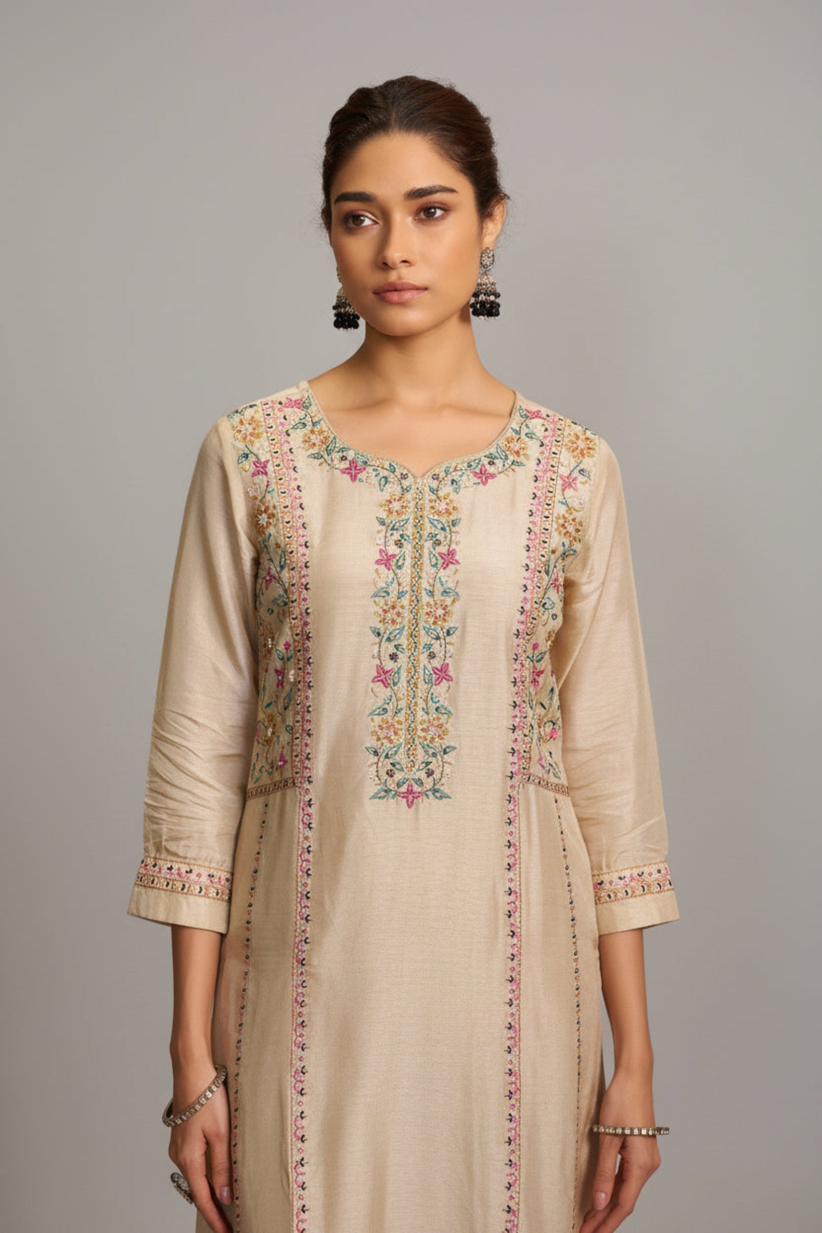 Russian Silk Kurta with Contrast Jacquard Dupatta – Cream