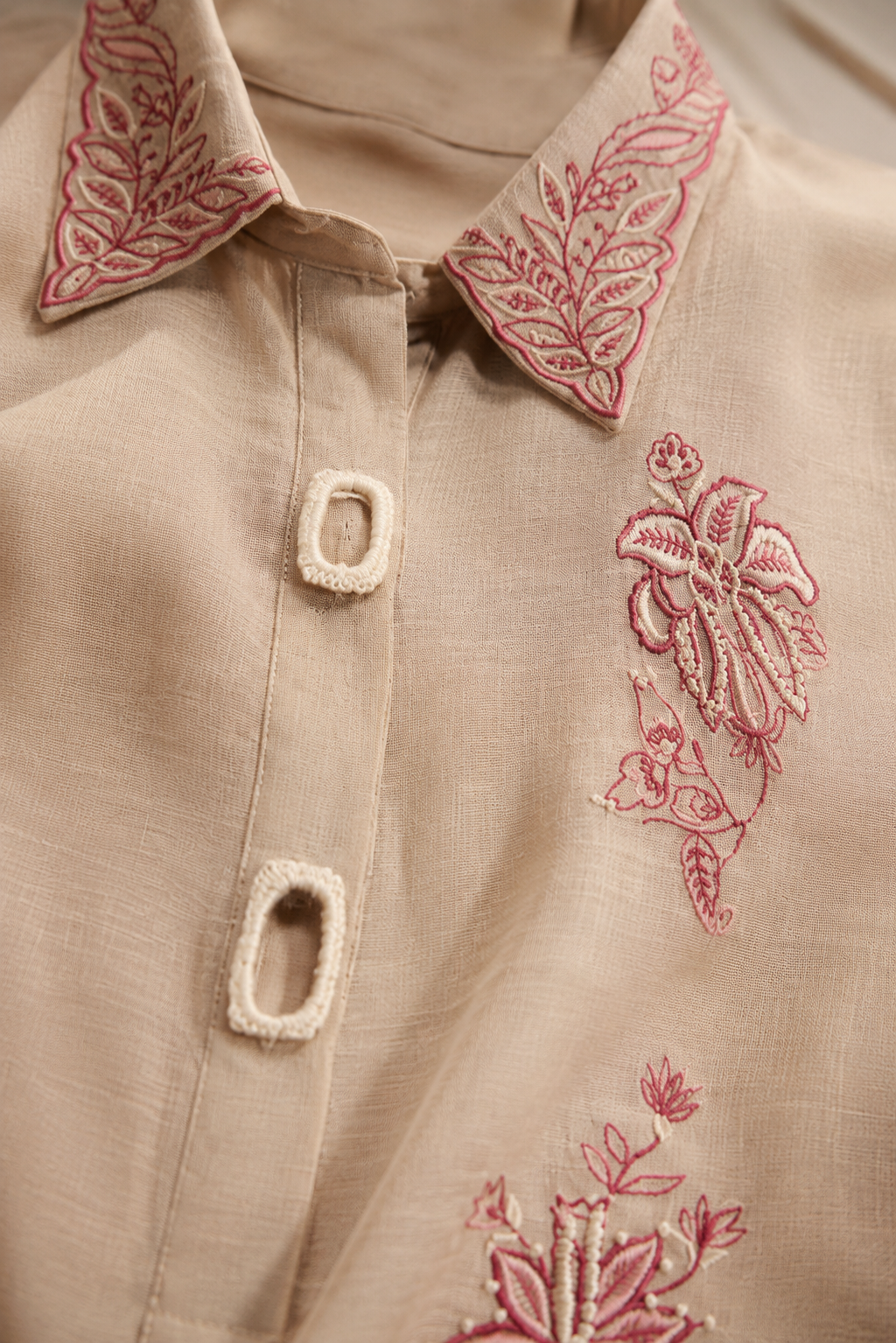 Hazelnut Biege Linen Embroidery Co-ord Set