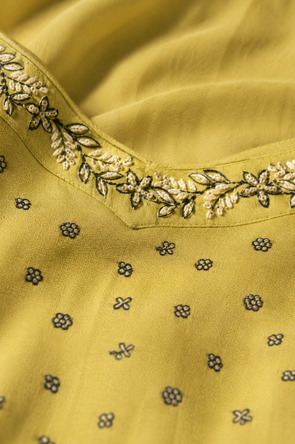 Olive Yellow Muslin Black Jacquard Kurta Set