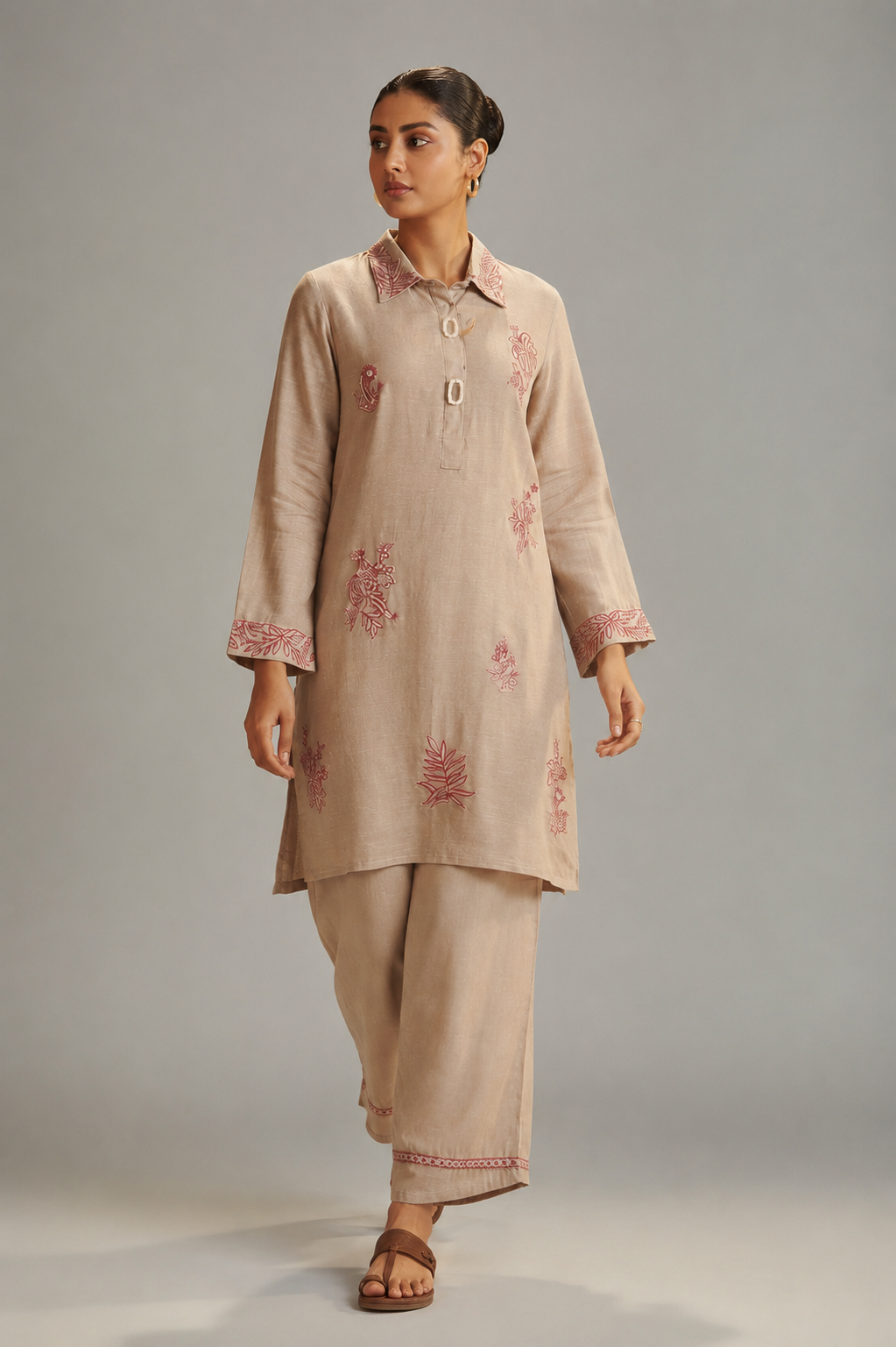 Hazelnut Biege Linen Embroidery Co-ord Set
