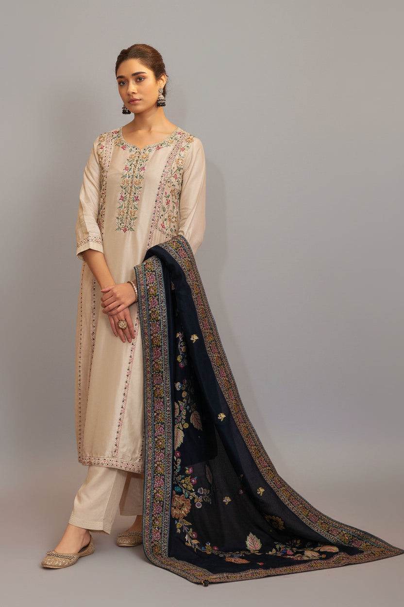 Russian Silk Kurta with Contrast Jacquard Dupatta – Cream