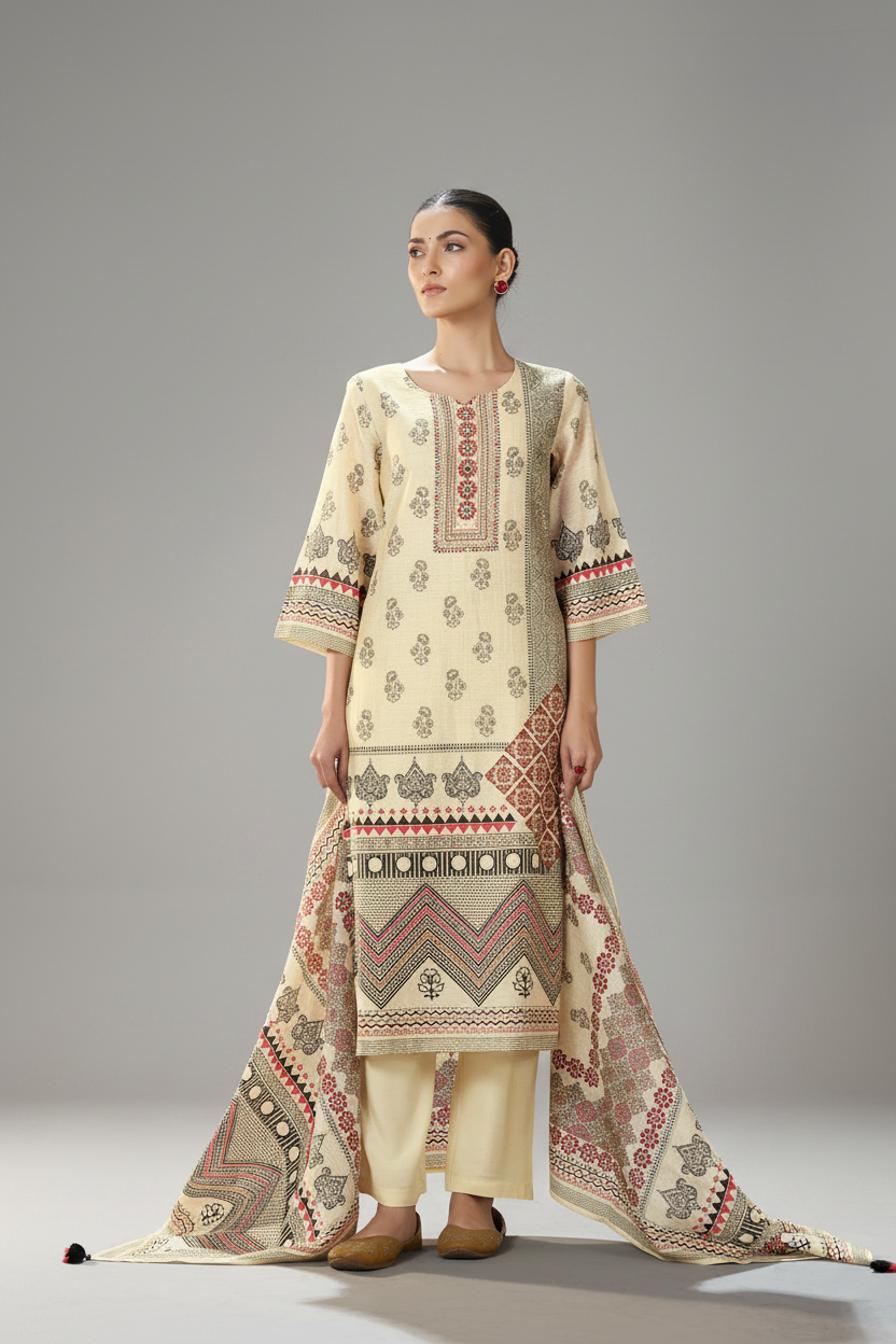 Ivory Caravan Shimmer Linen Digital Printed Kurta Set