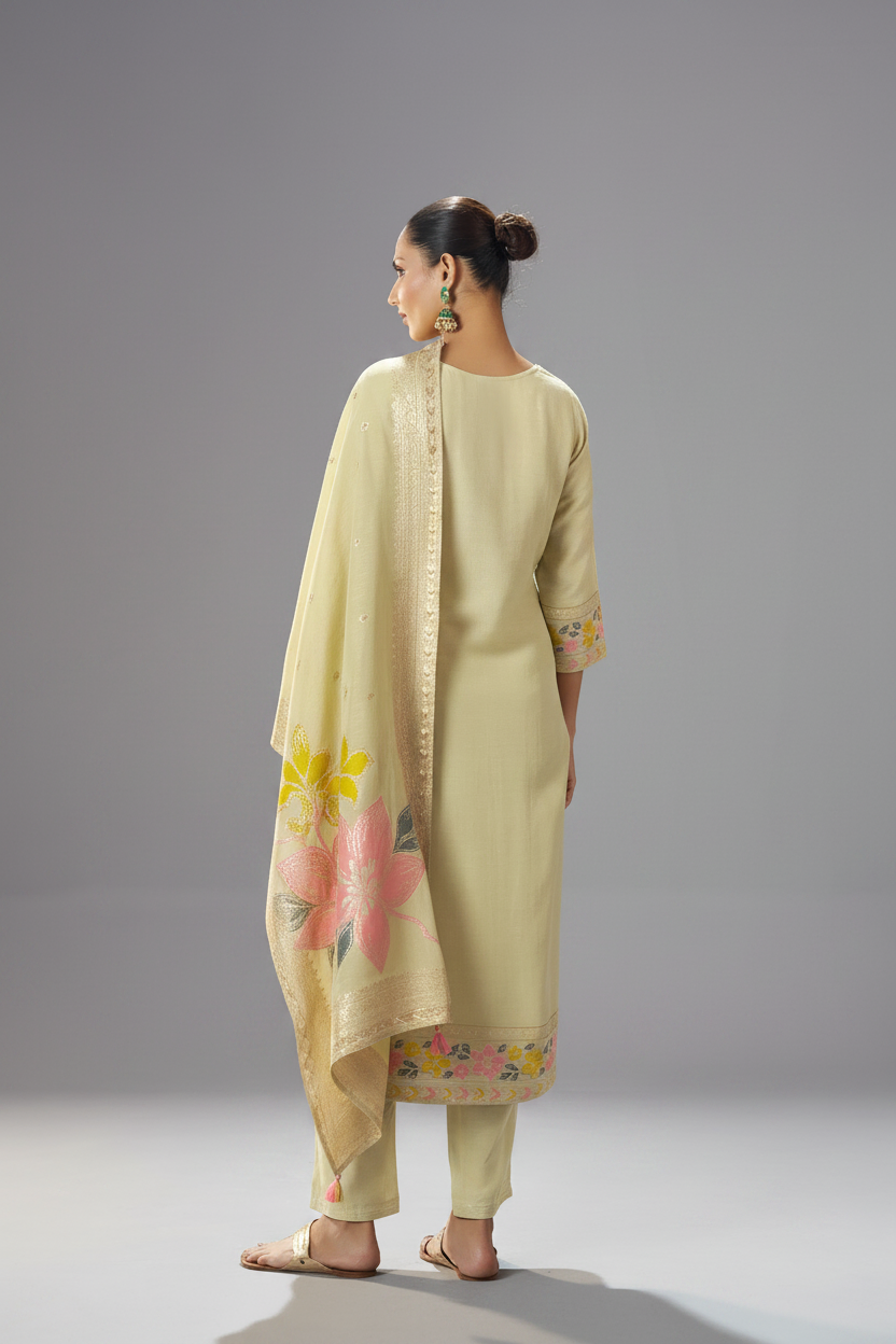 Sage Floral Reverie Viscose Linen Jacquard Multi Meena Kurta Set