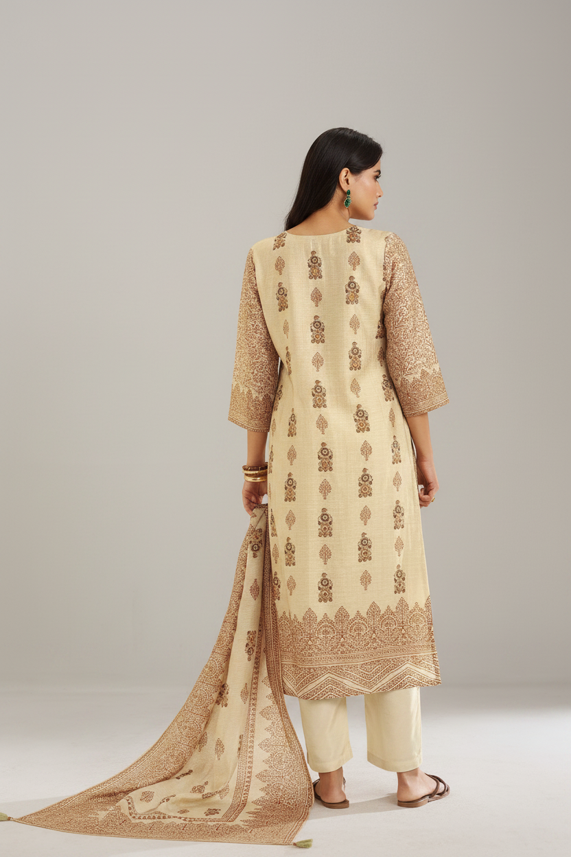 Champagne Beige Shimmer linen Digital printed Kurta Set
