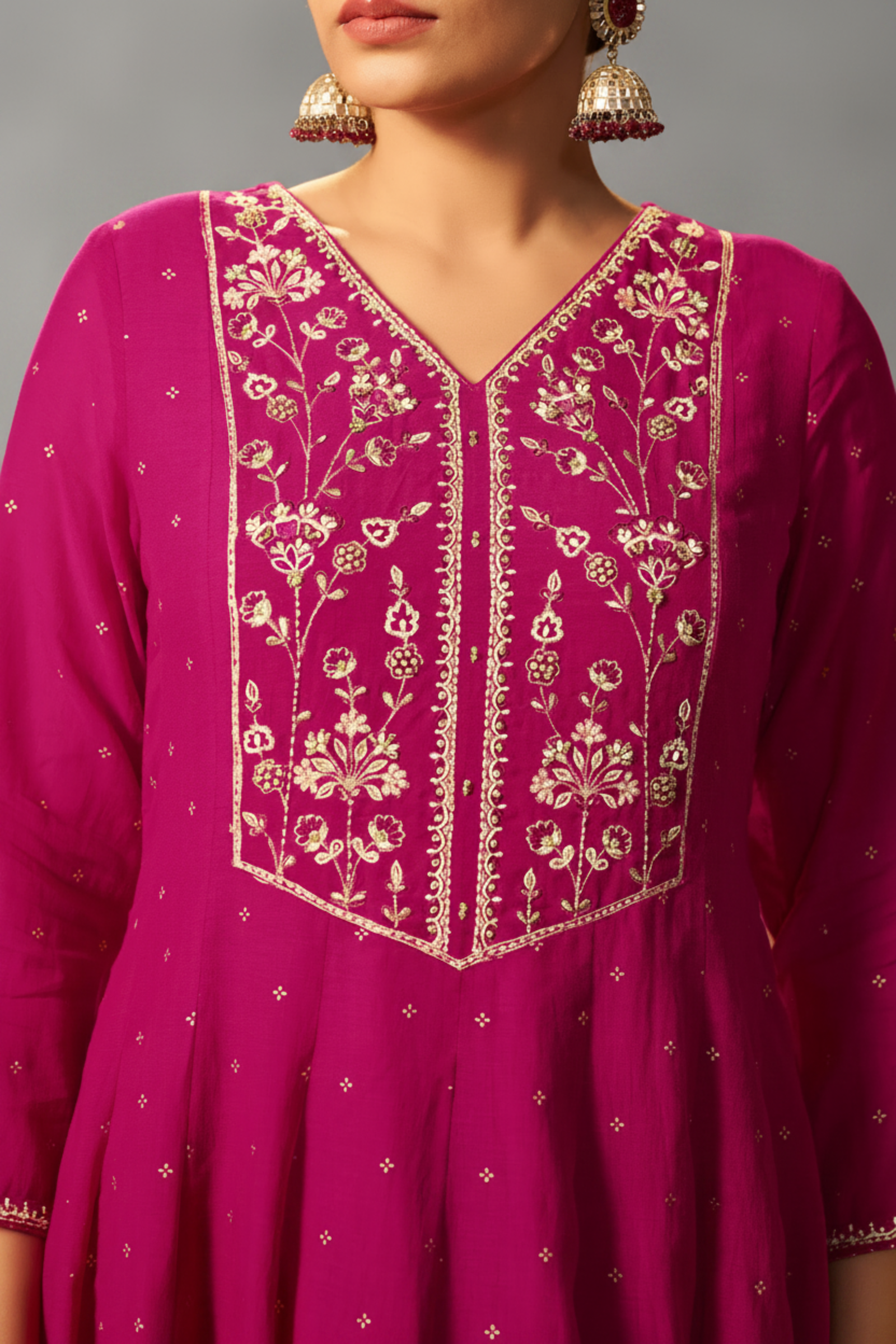 Bold Magenta Mul Chanderi Table Print Anarkali Kurta Set