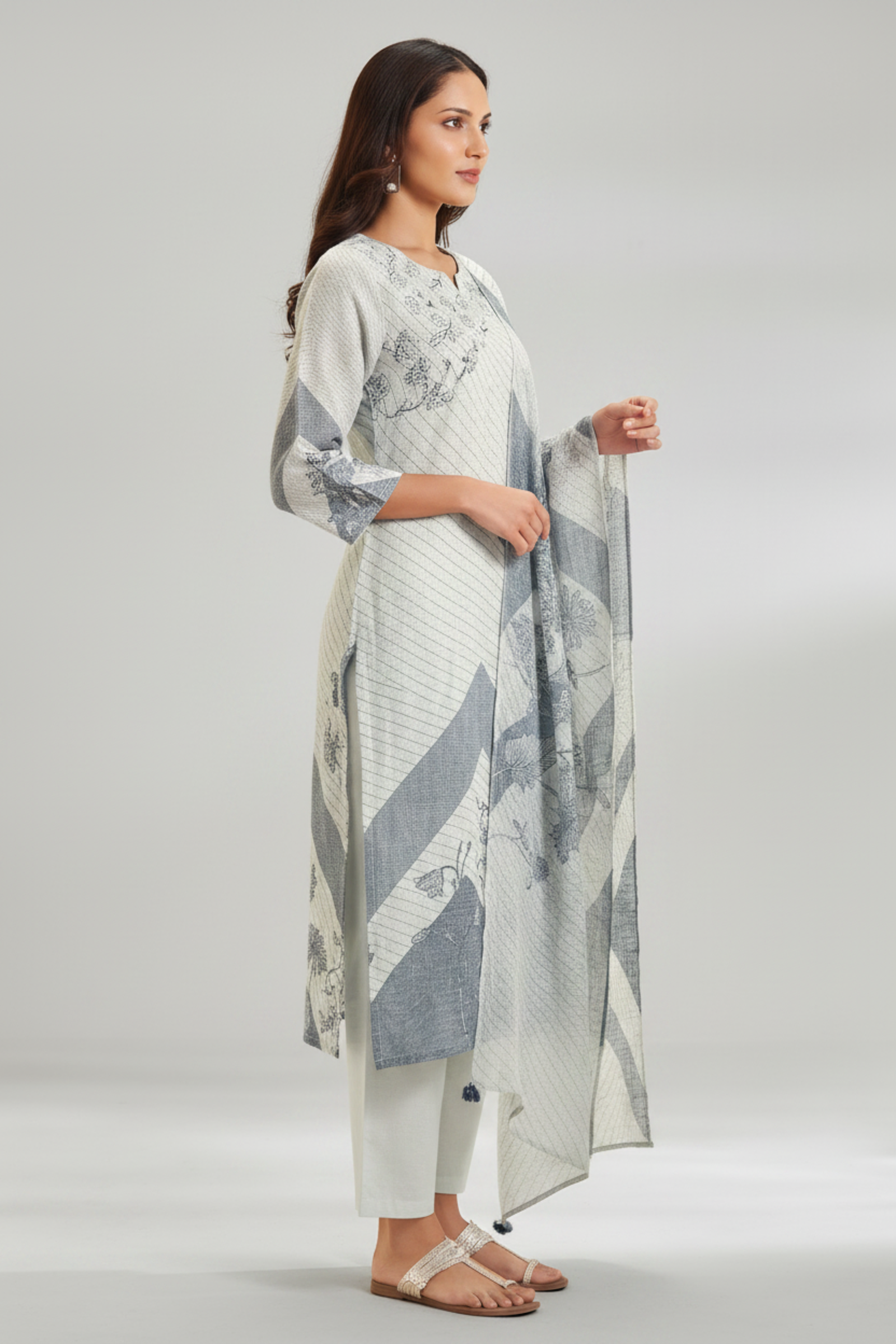 Silver Ash Linen Cotton Digital Printed Kurta Set