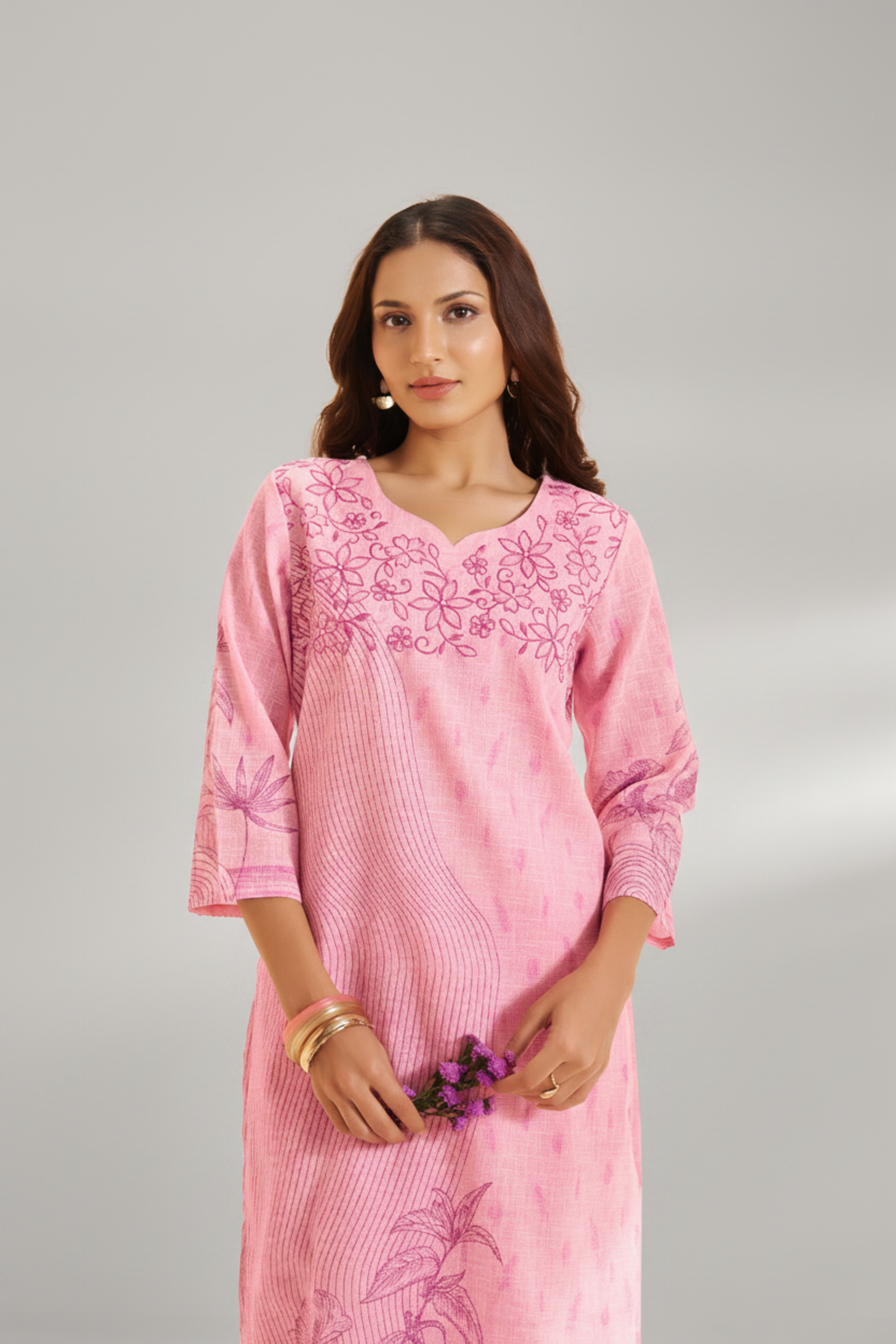 Soft Fuchsia Linen Cotton Digital Printed Kurta Set