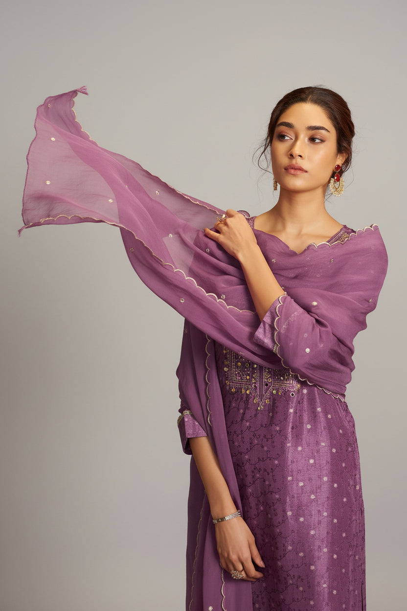 Mirror Embroidery Kurta Set – Purple