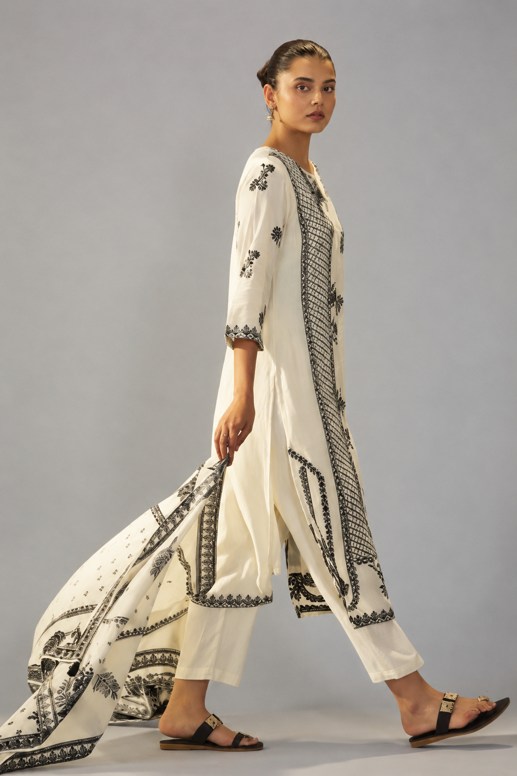 Neutral Cream Muslin Black Jacquard Kurta Set